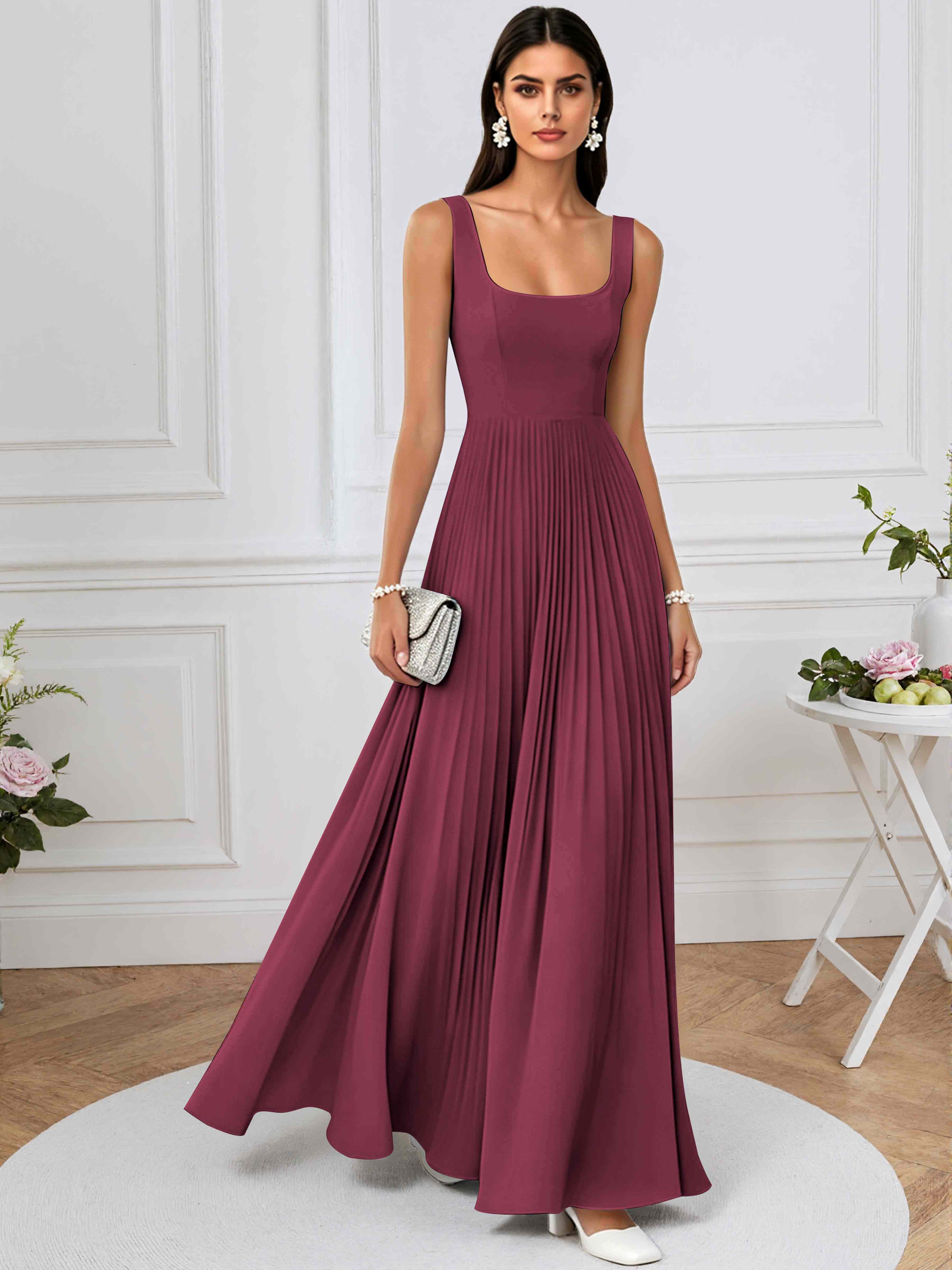 ROVDESY A-Line Square Neck Pleated Chiffon Long Bridesmaid/Prom Dress