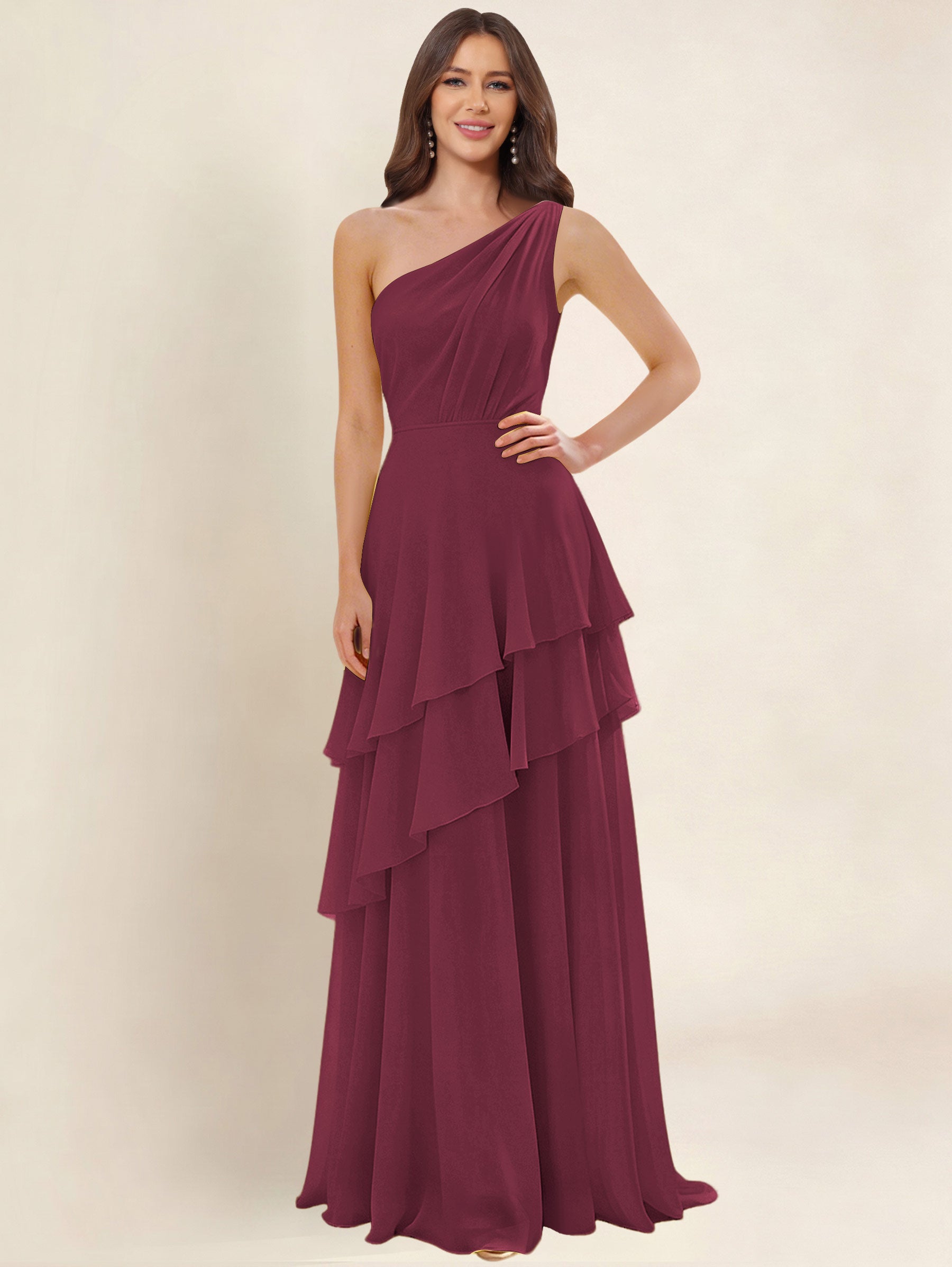 ROVDESY A-Line One Shoulder Pleated Tiered Chiffon Bridesmaid Dress