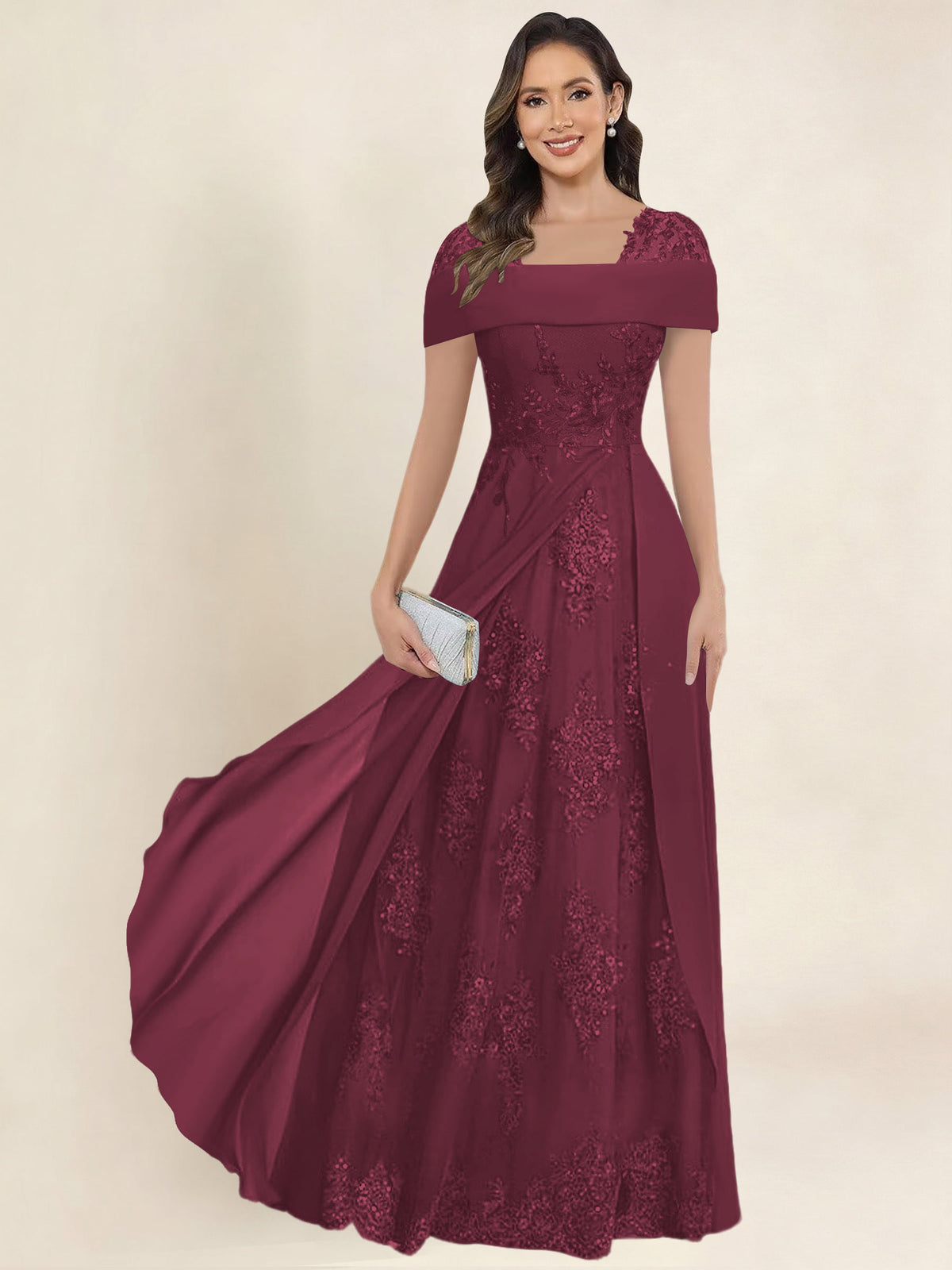 ROVDESY A-Line Off The Shoulder Lace Chiffon Long Mother of the Bride Dress Formal Gown