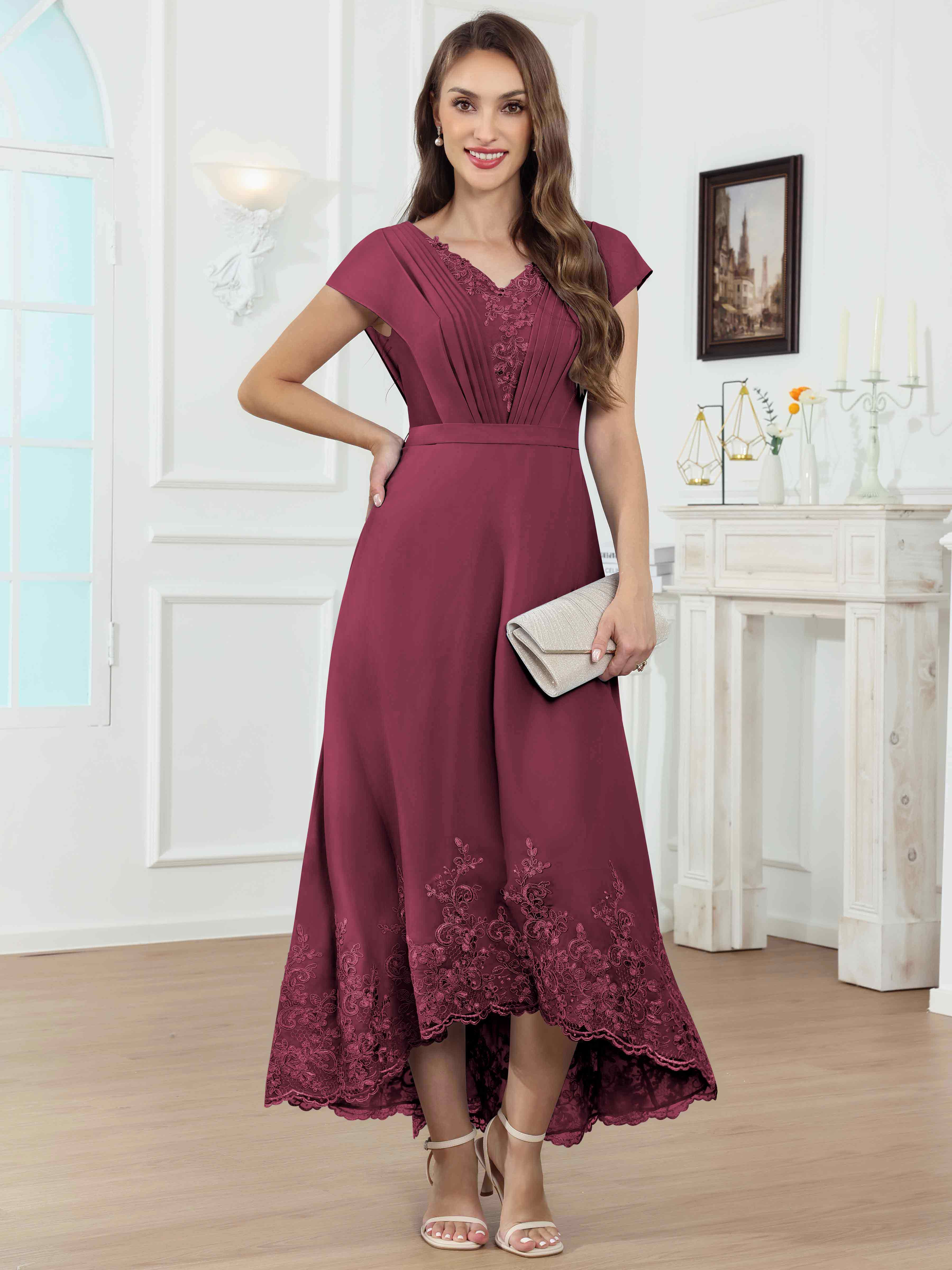 ROVDESY Tea Length High-Low V-Neck Ruched Lace Chiffon Mother of The Bride Dress for Women