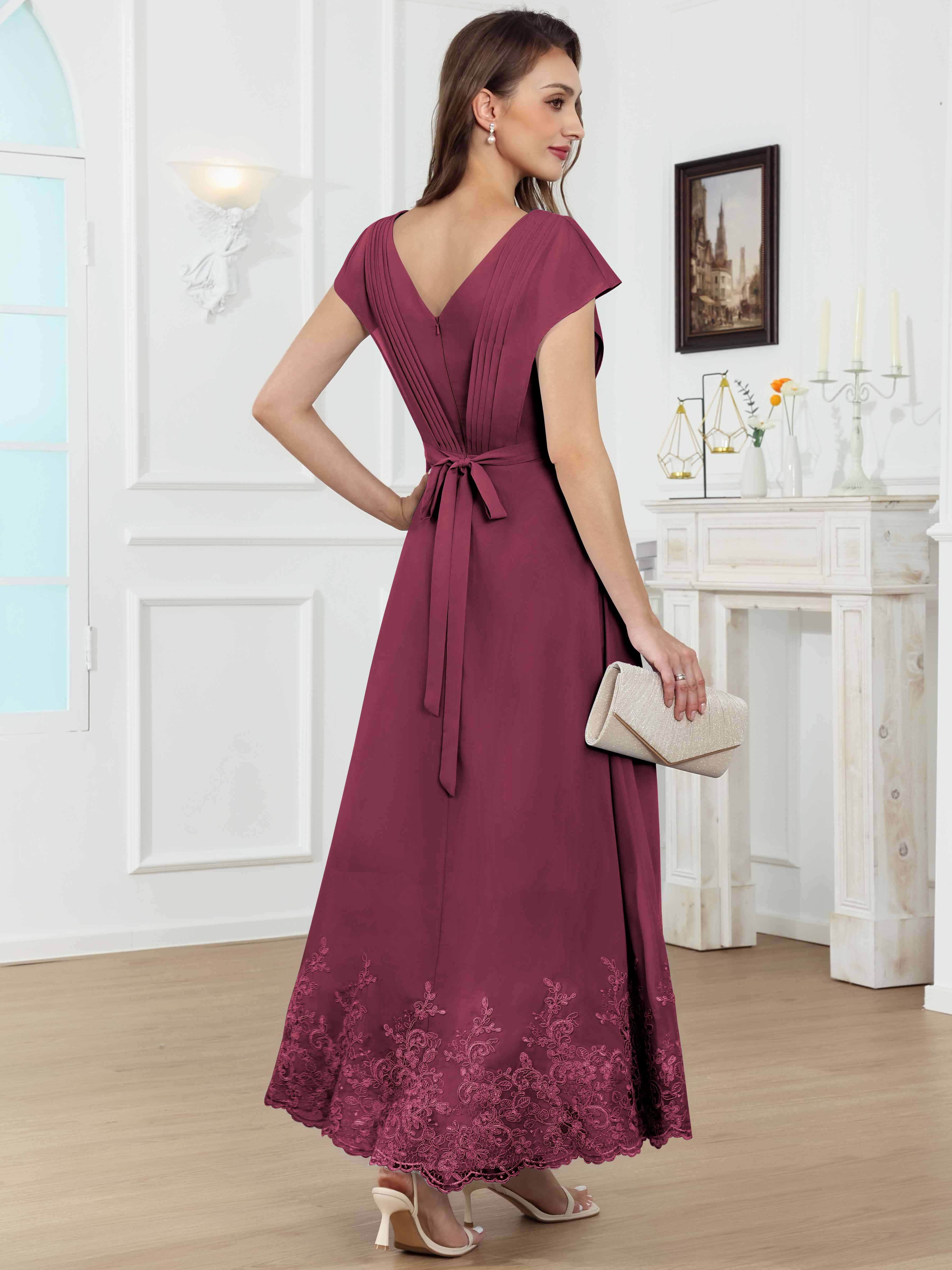 ROVDESY Tea Length High-Low V-Neck Ruched Lace Chiffon Mother of The Bride Dress for Women
