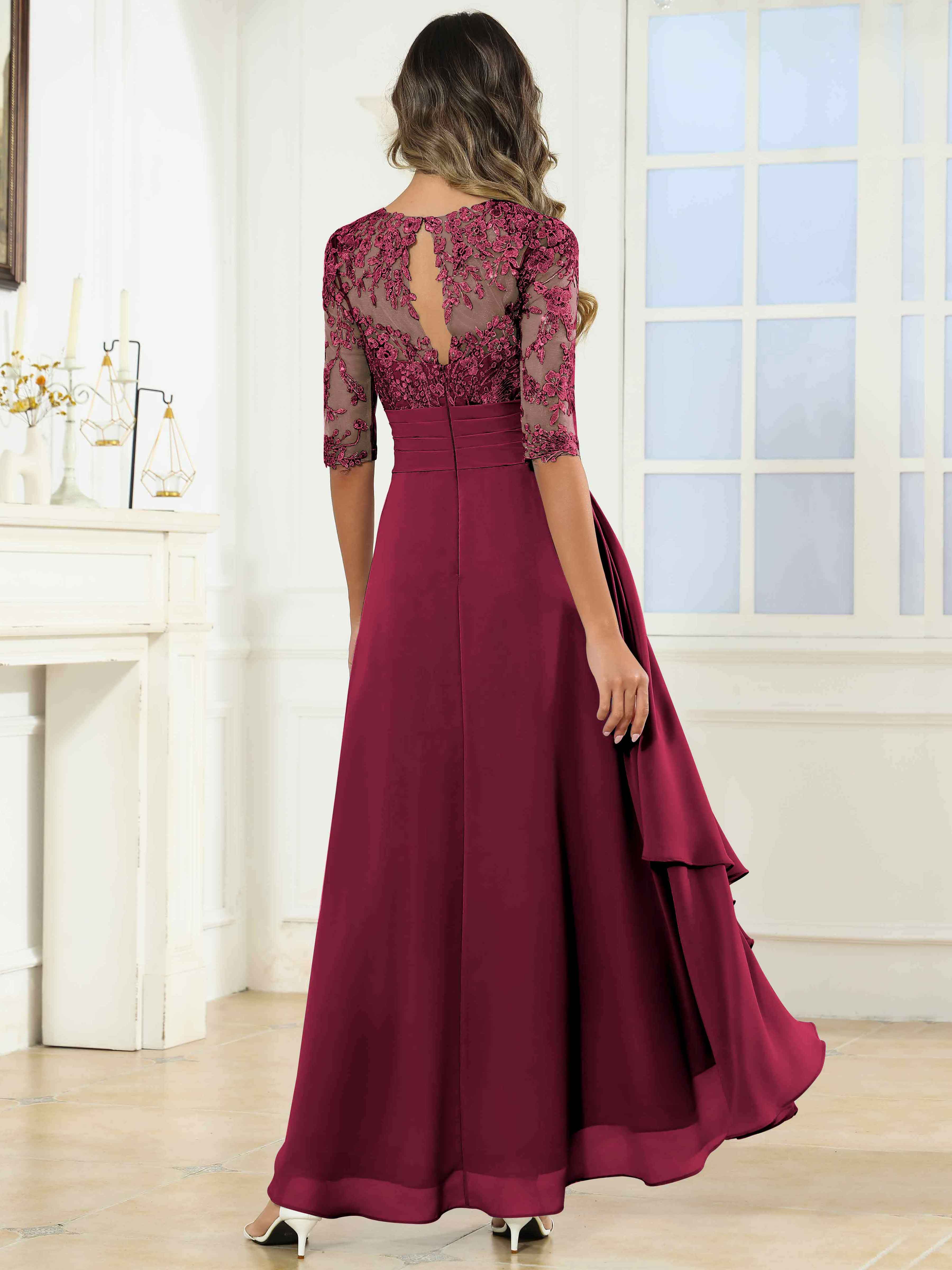 ROVDESY Tea Length A-Line Lace Chiffon Mother Of The Bride Dress With Half Sleeves