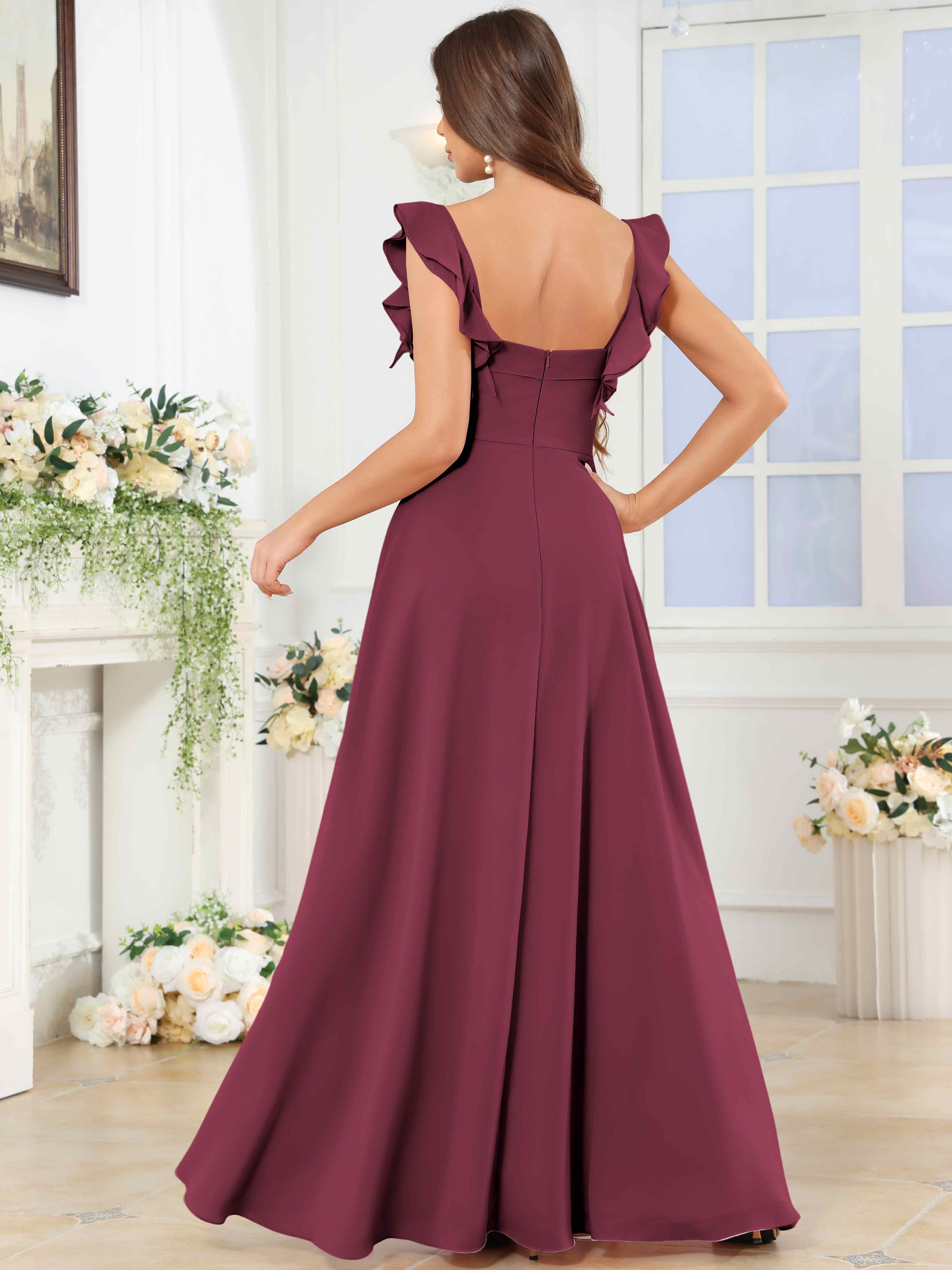 ROVDESY Square Neck Ruffle Chffion Bridesmaid Dress With Slit