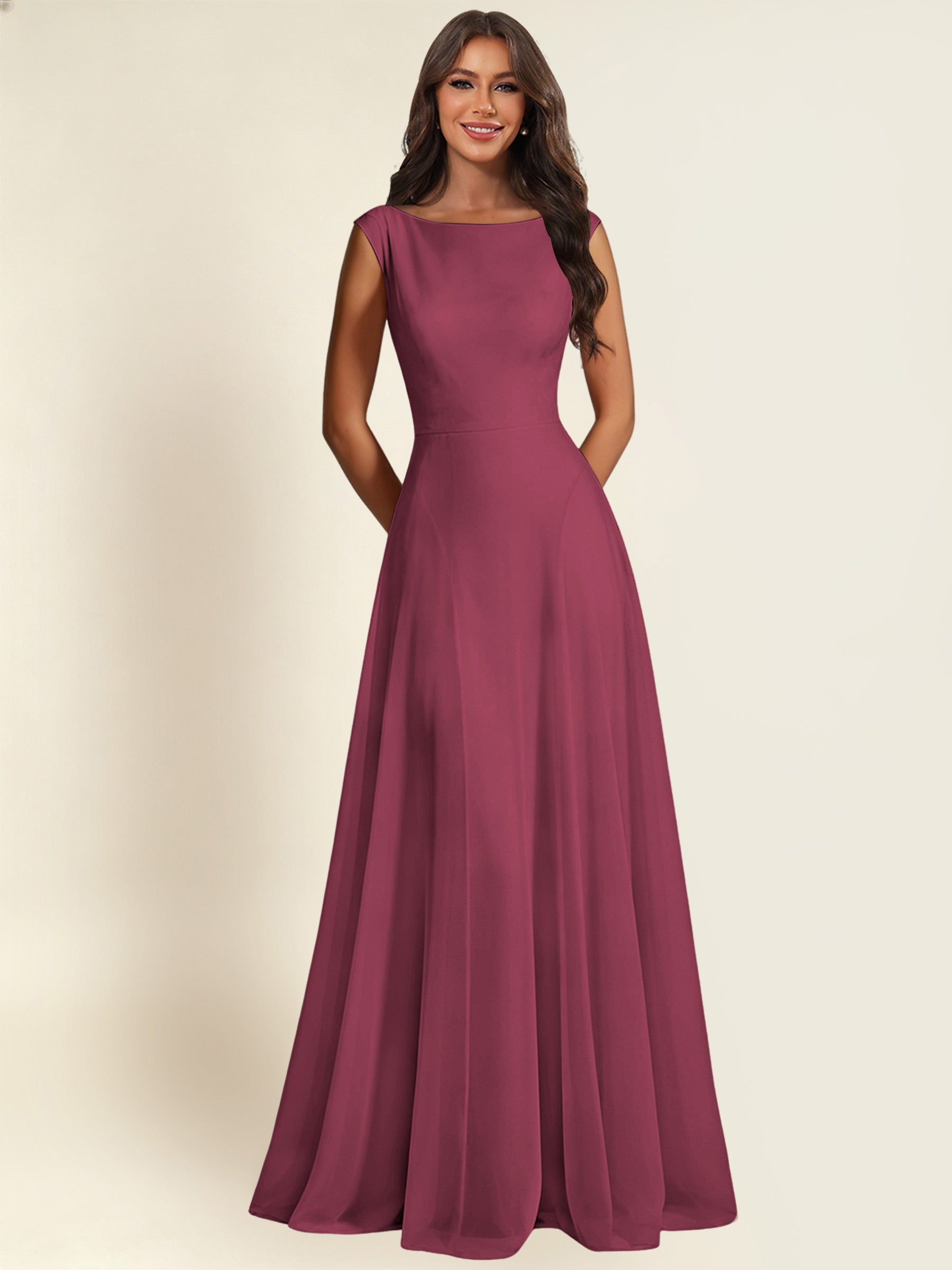 ROVDESY A-Line Chiffon Long Bridesmaid Dress With Sleeveless