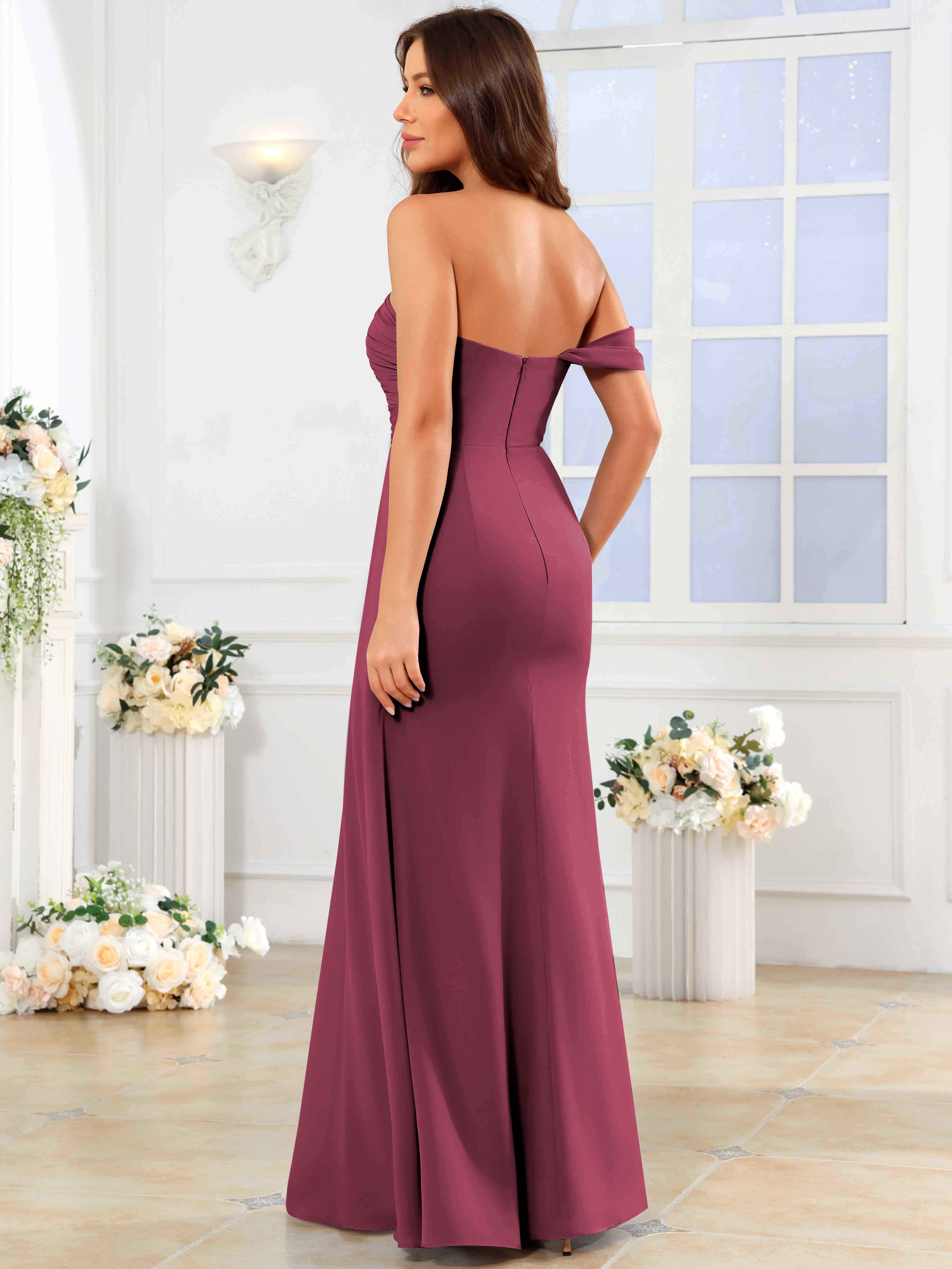ROVDESY One Shoulder Off The Shoulder Pleated Chiffon Bridesmaid Dress