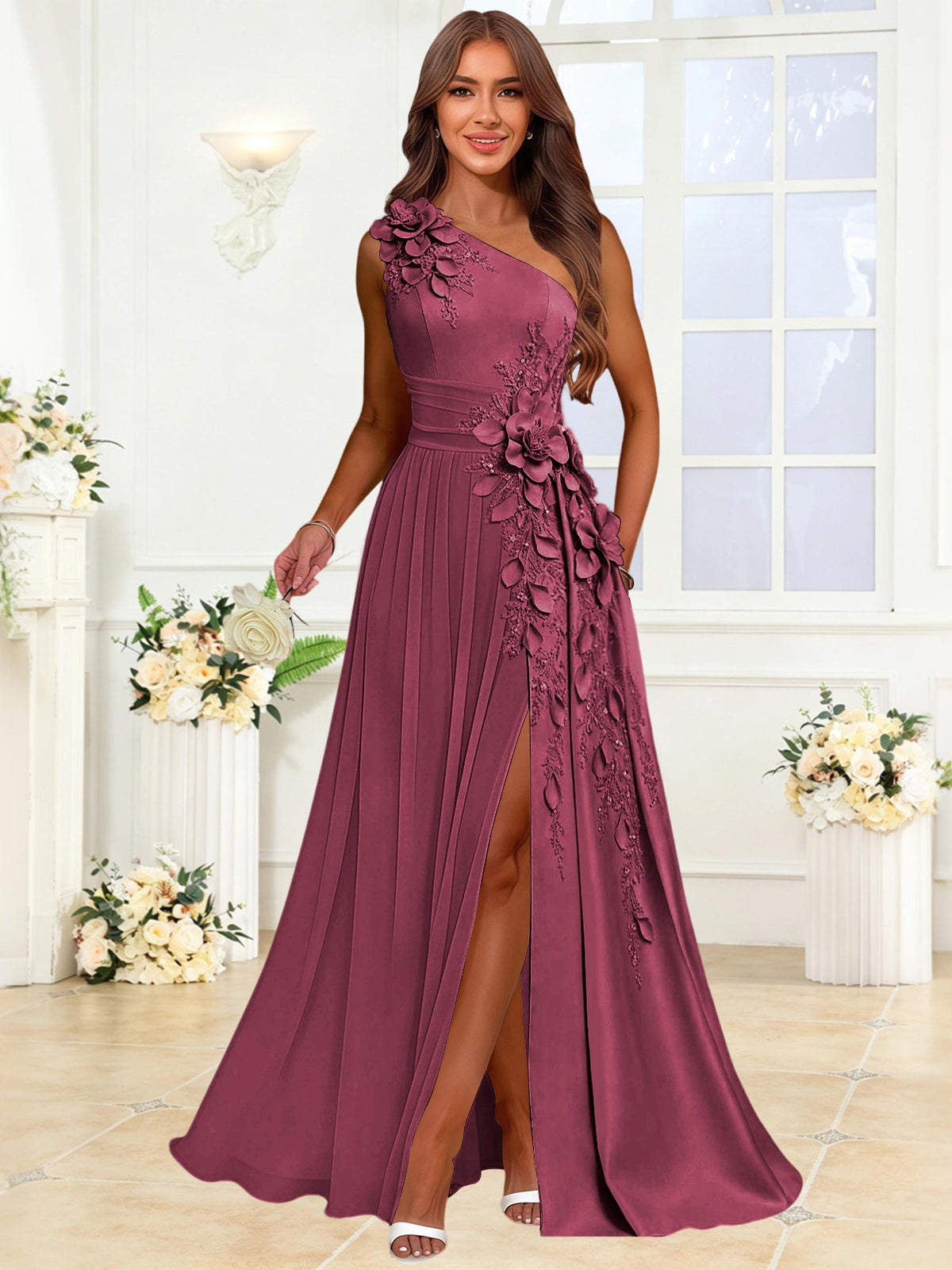 One Shoulder 3D Flower Chiffon Bridesmaid Dress with Slit
