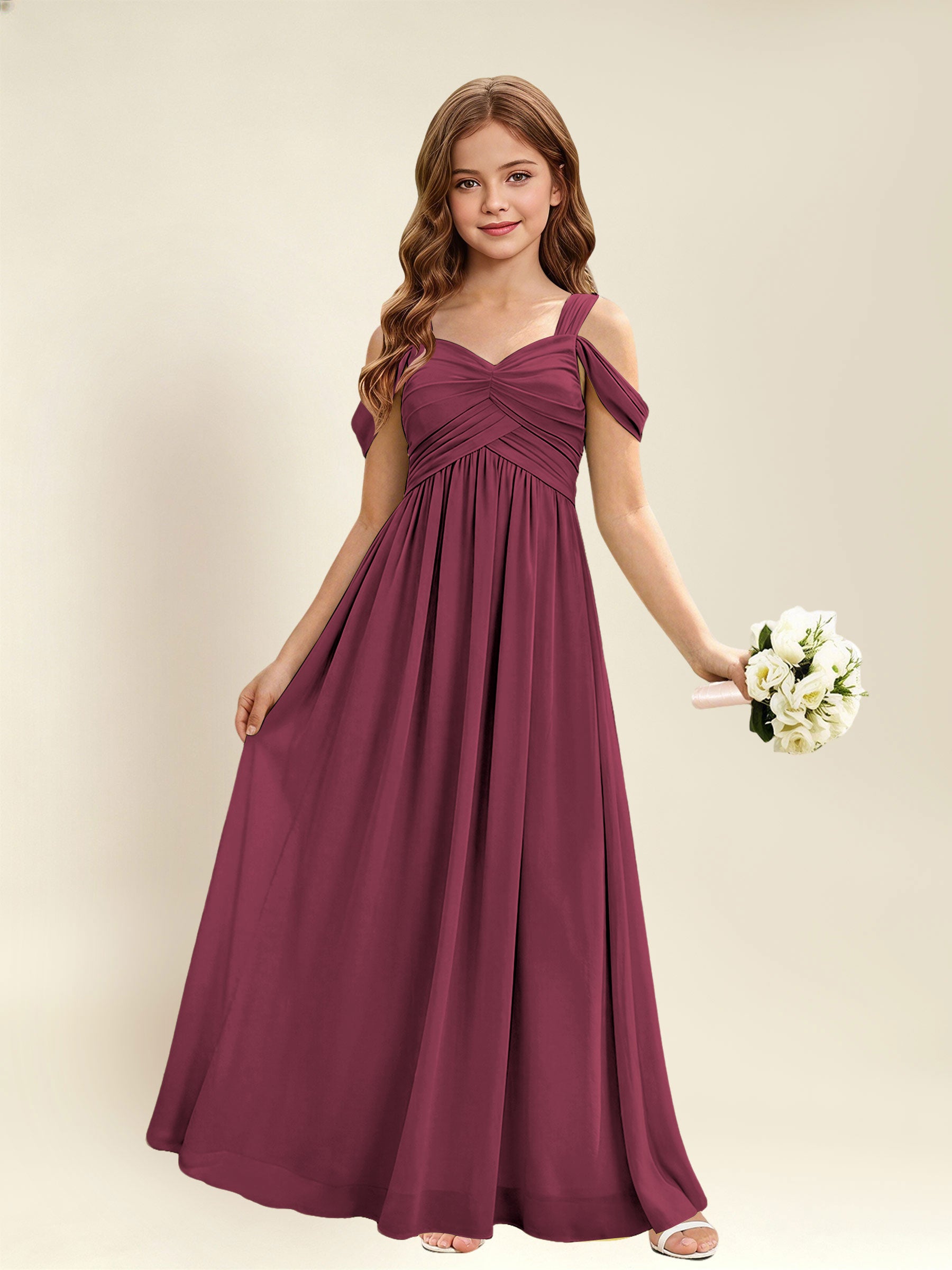 ROVDESY A-Line Off The Shoulder Pleated Chiffon Junior Bridesmaid Dress