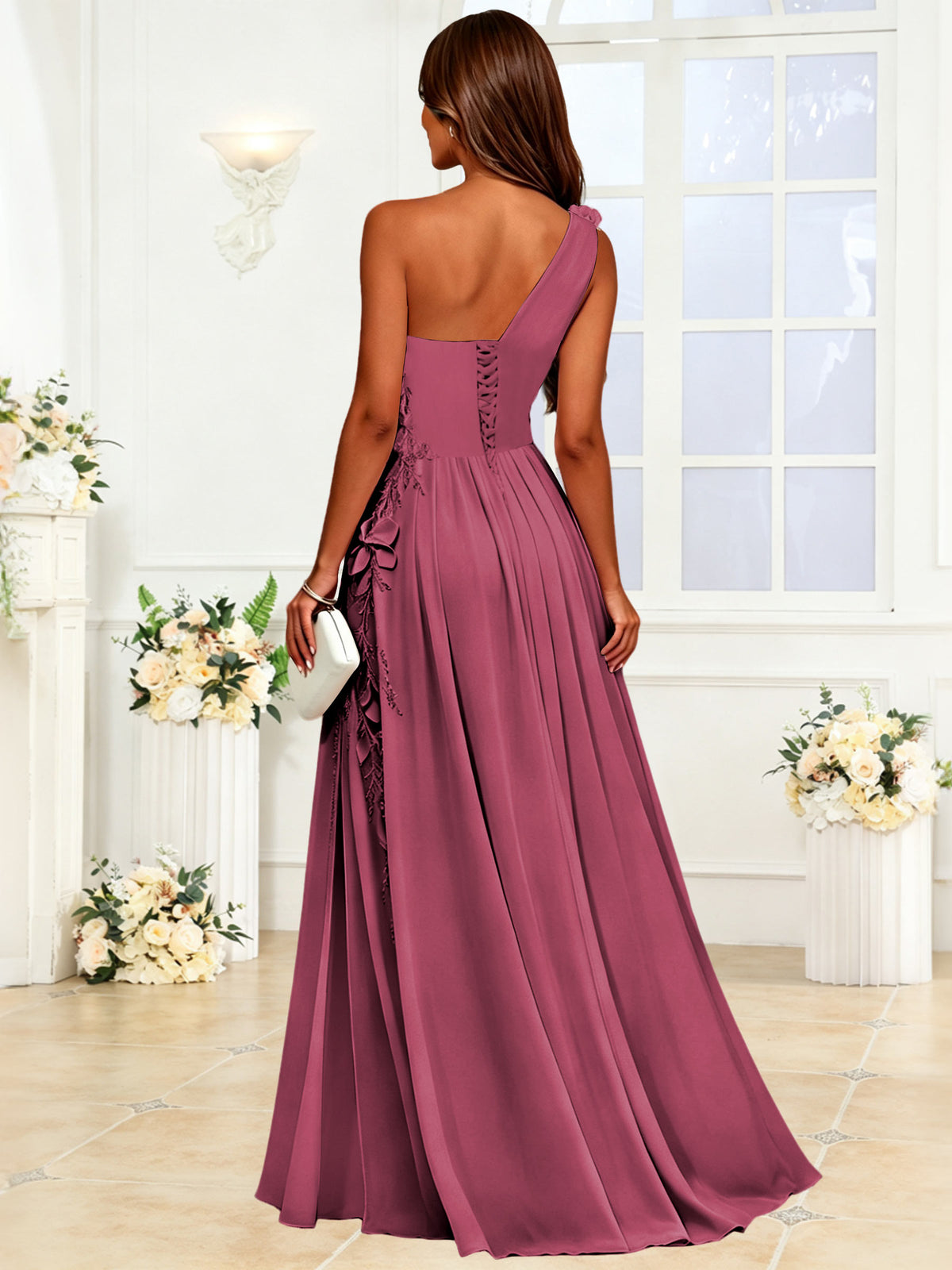 One Shoulder 3D Flower Chiffon Bridesmaid Dress with Slit