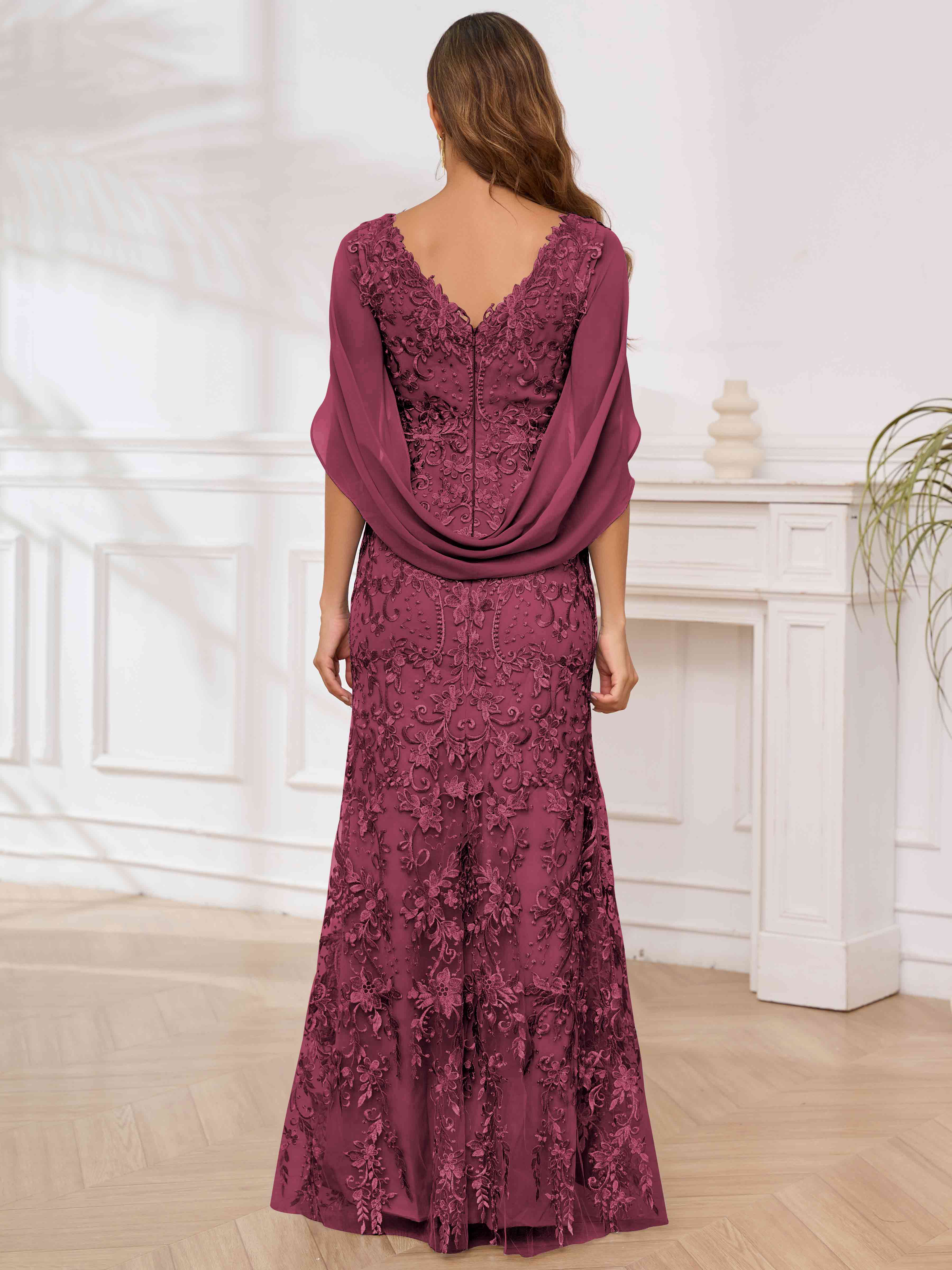 ROVDESY V-Neck Lace Mermaid Mother Of The Bride Dress With Cape Sleeves Long Formal Gown