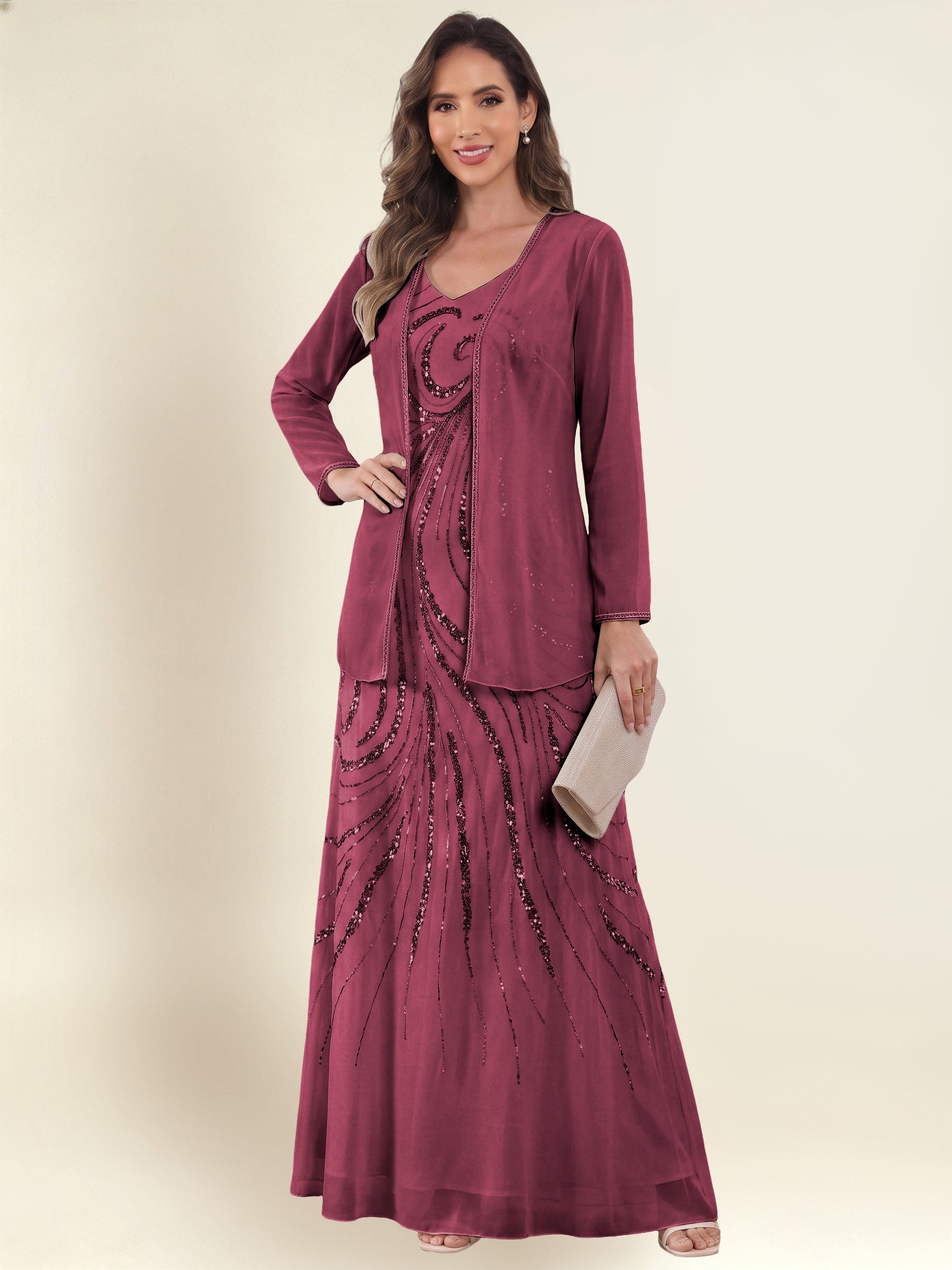 ROVDESY 2 Pieces V-Neck Sequin Chiffon Long Mother Of The Bride Dress With Long Sleeve Jacket