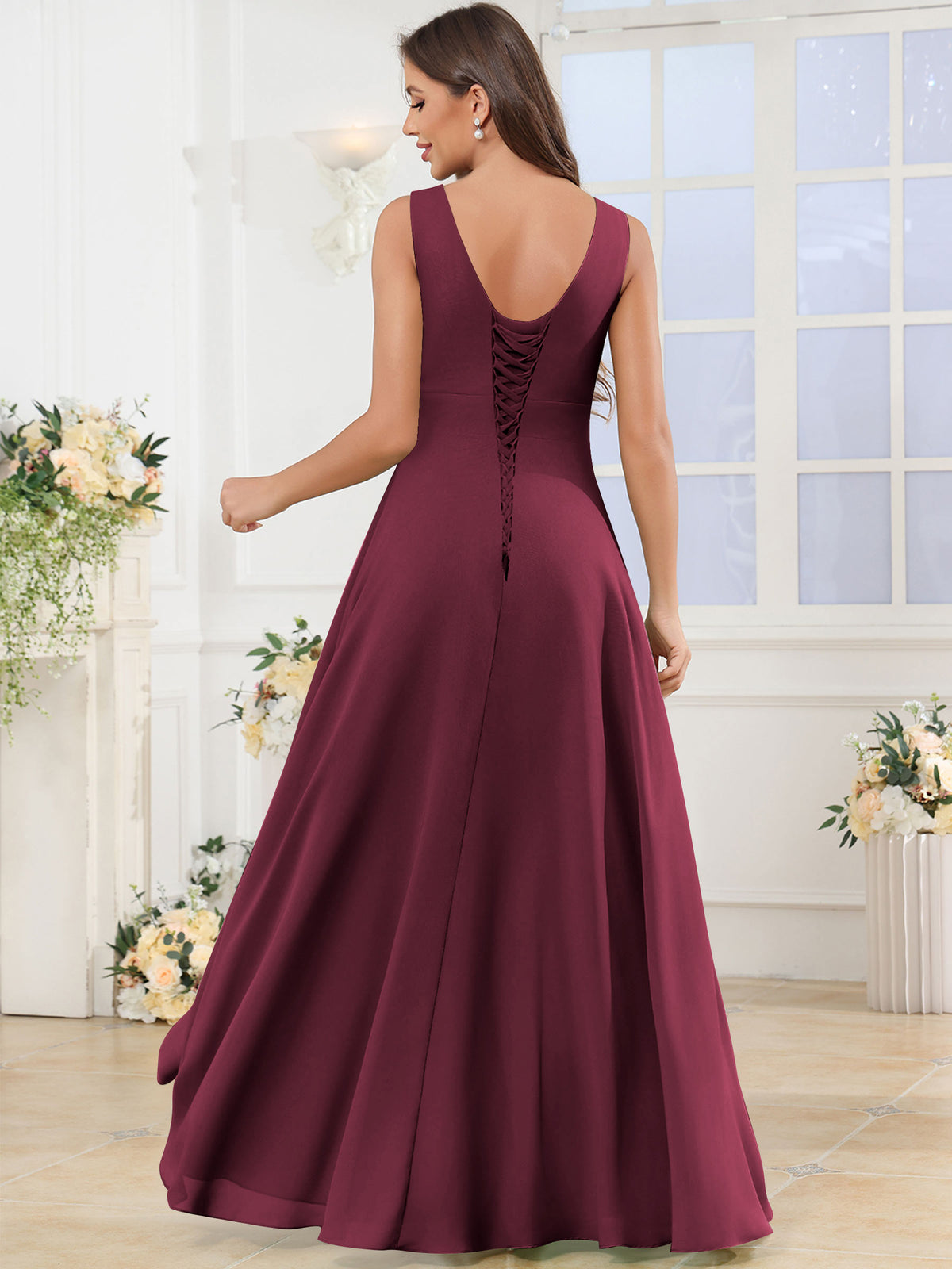 V Neck Chiffon A Line Ruffle Bridesmaid Dress with Slit