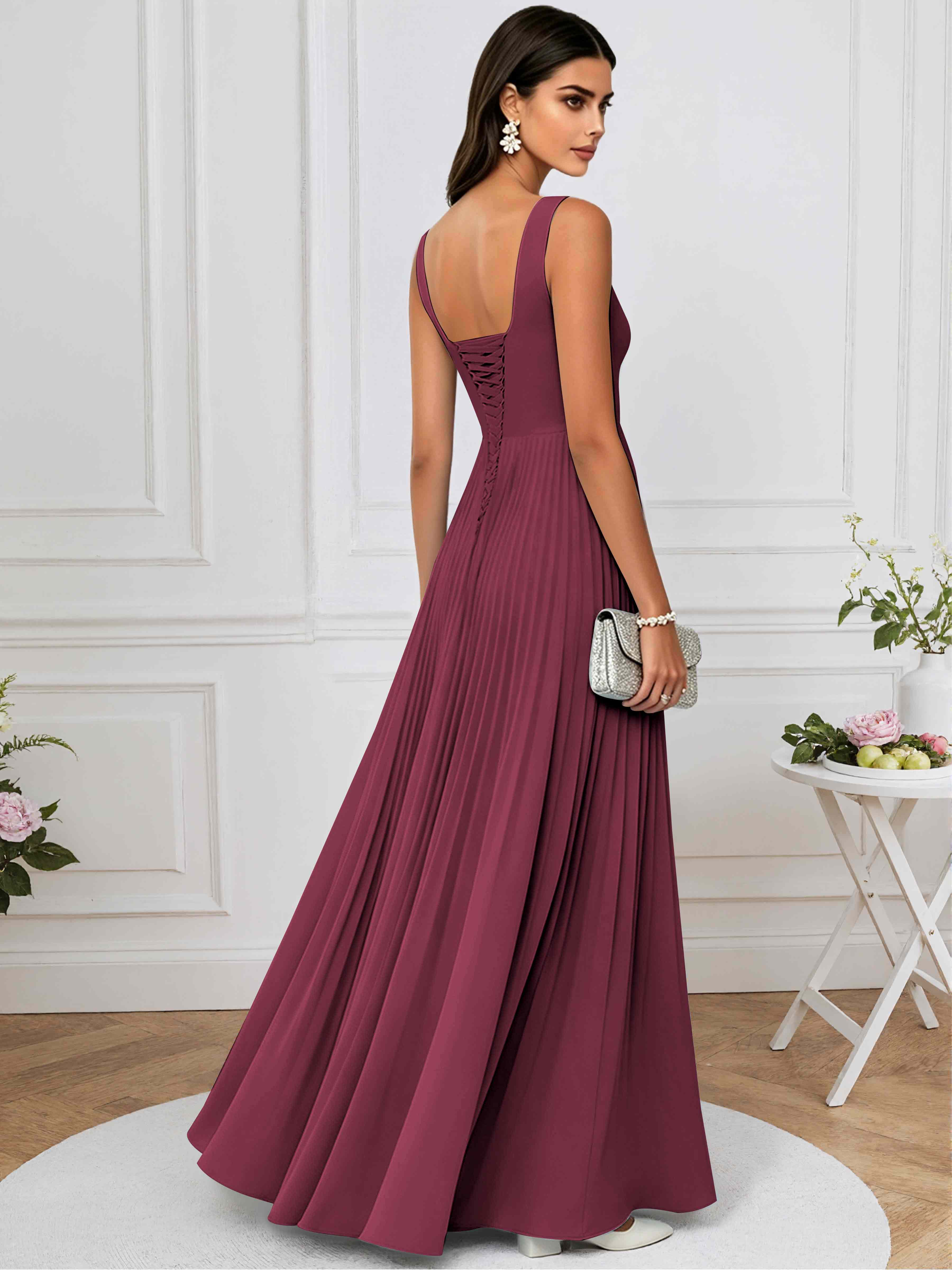 ROVDESY A-Line Square Neck Pleated Chiffon Long Bridesmaid/Prom Dress
