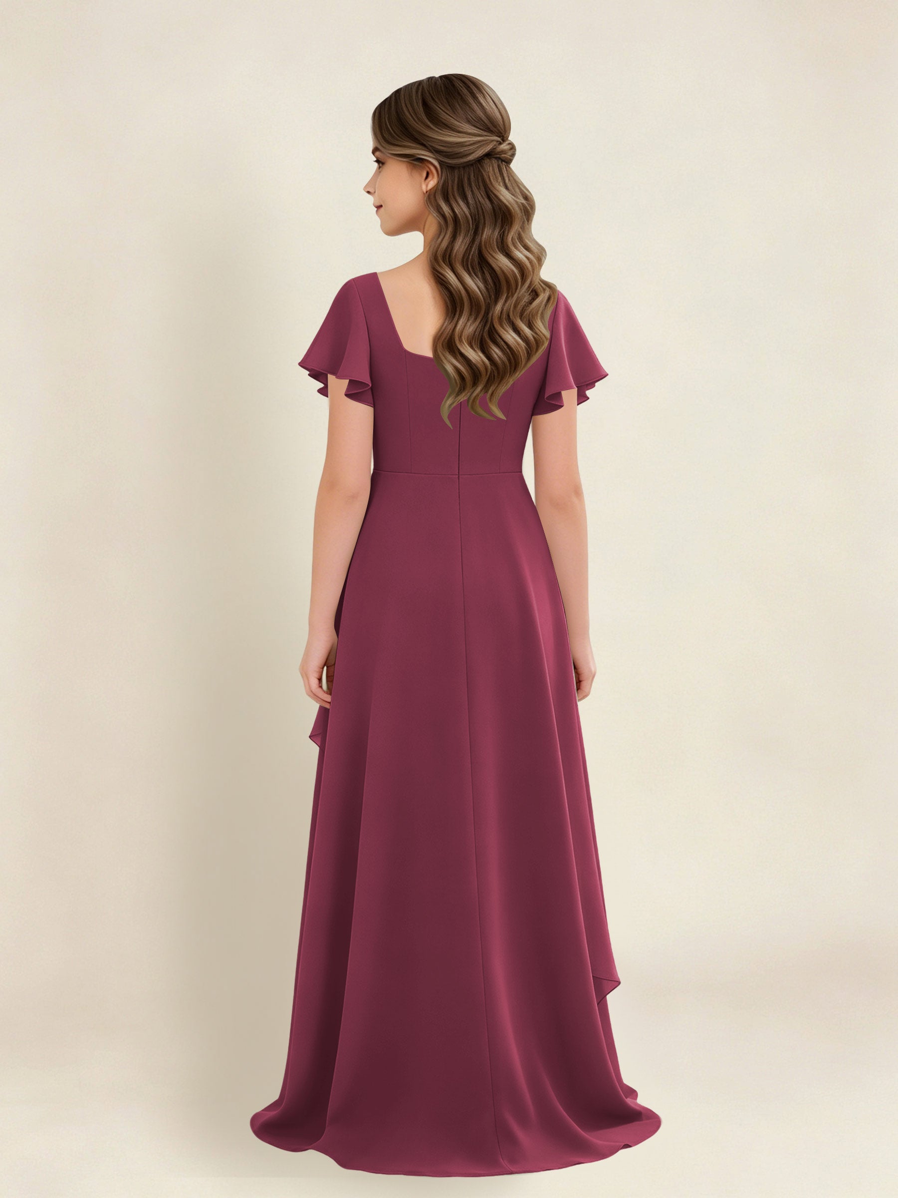 ROVDESY A-Line Square Neck Ruffle Chiffon Junior Bridesmaid Dress With Short Sleeves