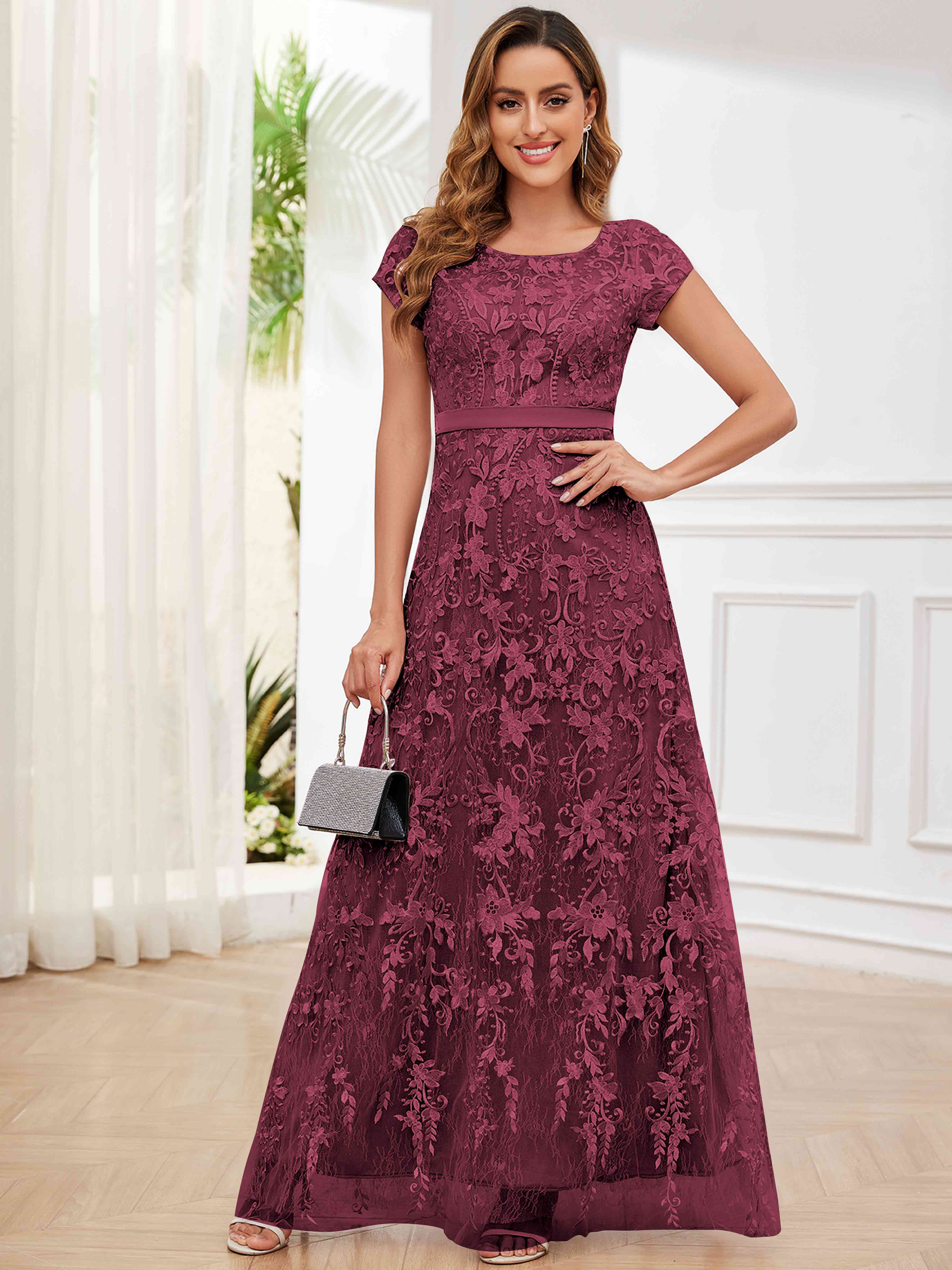 ROVDESY Elegant Lace Mother Of The Bride Dress With Short Sleeves Formal Gown