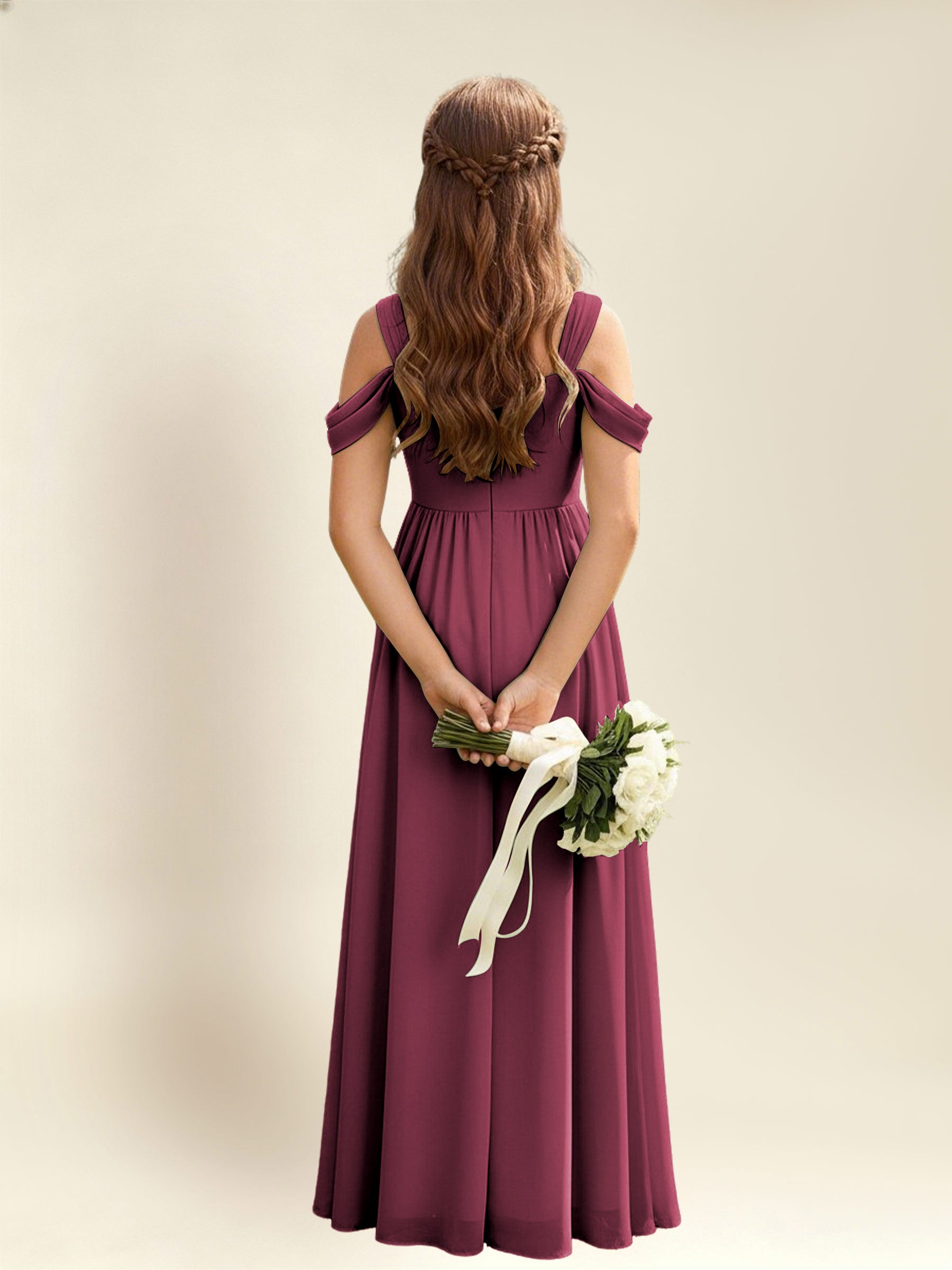 ROVDESY A-Line Off The Shoulder Pleated Chiffon Junior Bridesmaid Dress