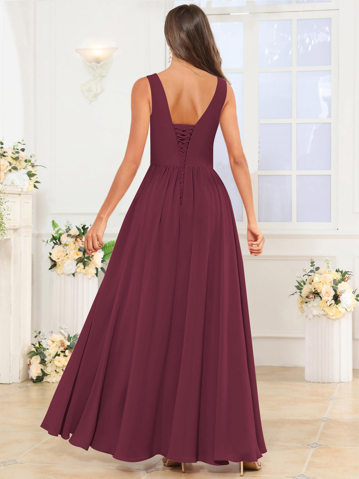 V Neck Chiffon A Line Bridesmaid Dress with Slit