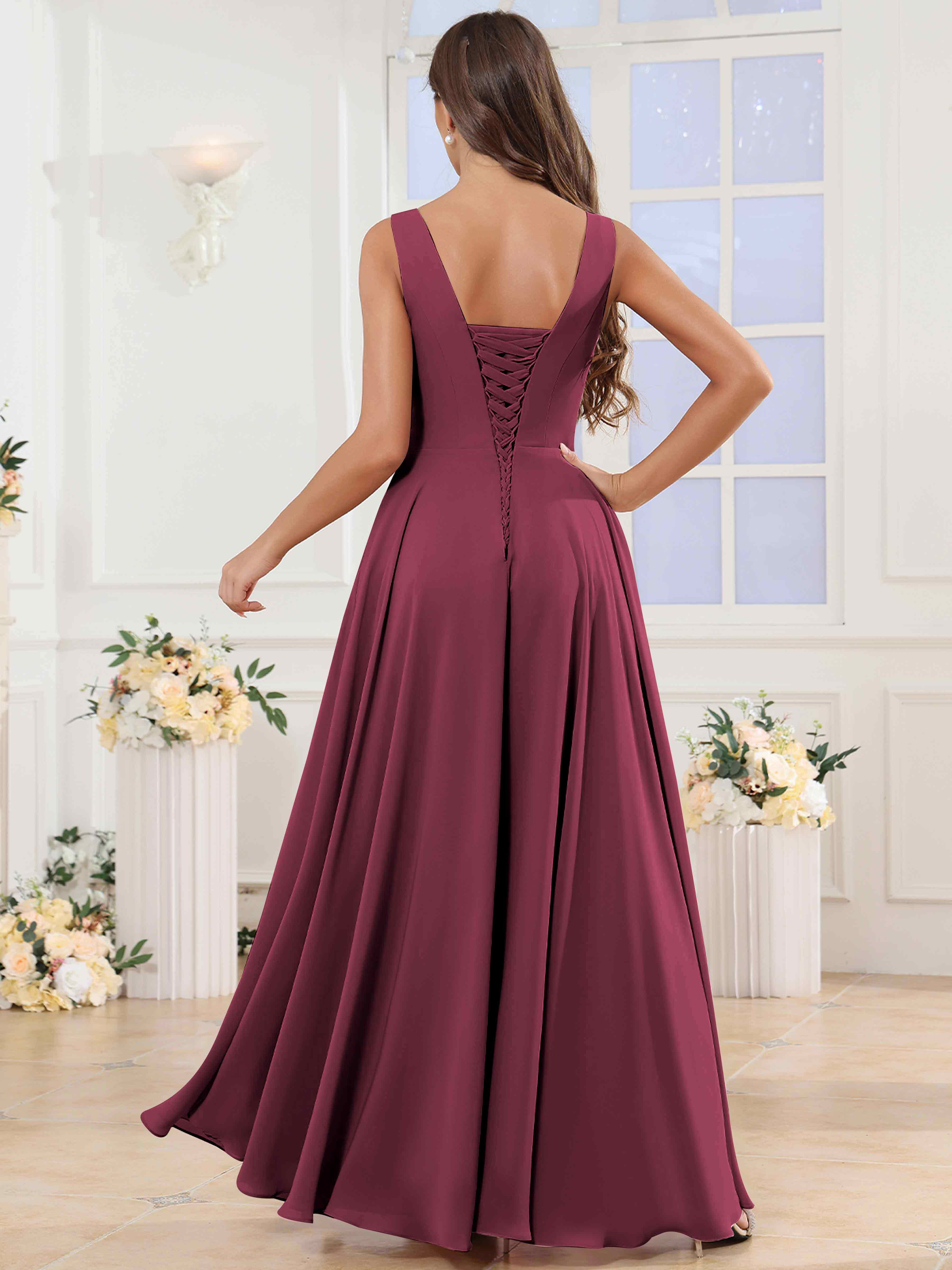 ROVDESY V-Neck Pleated Sleeveless Ruffle Chiffon Bridesmaid Dress With Slit