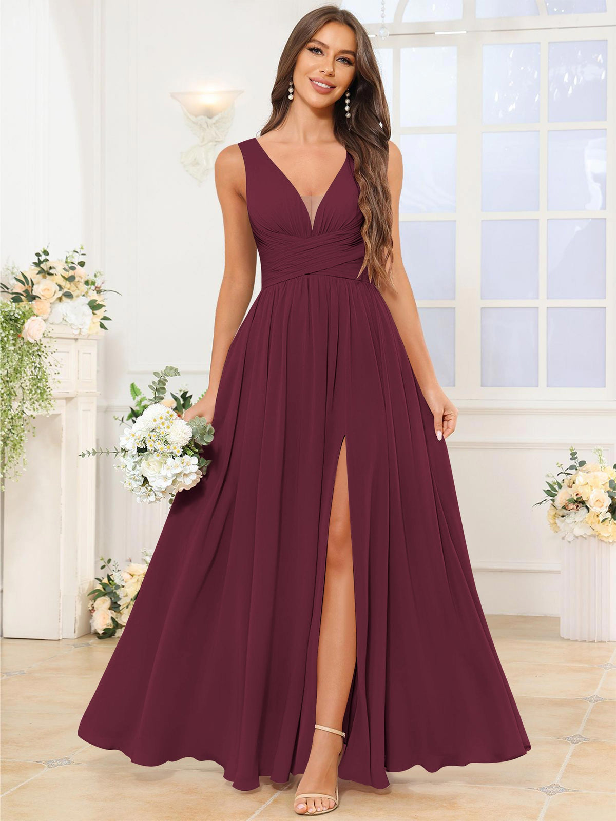 V Neck Chiffon A Line Bridesmaid Dress with Slit