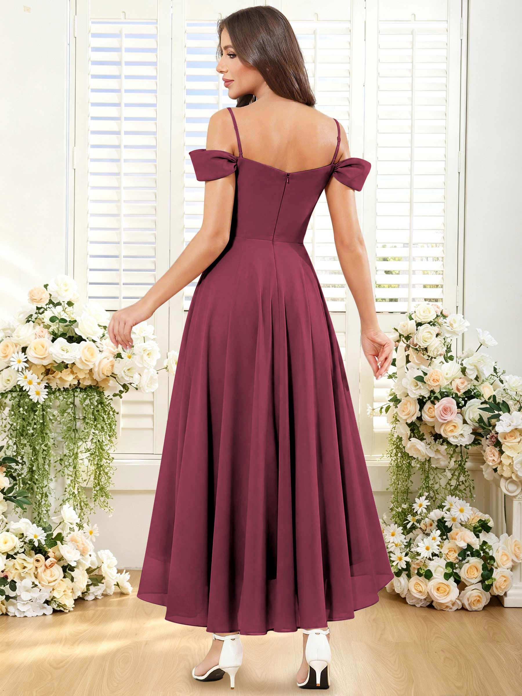 ROVDESY ROVDESY Short Cold Shoulder Sweetheart High Low Pleated Chiffon Bridesmaid Dress