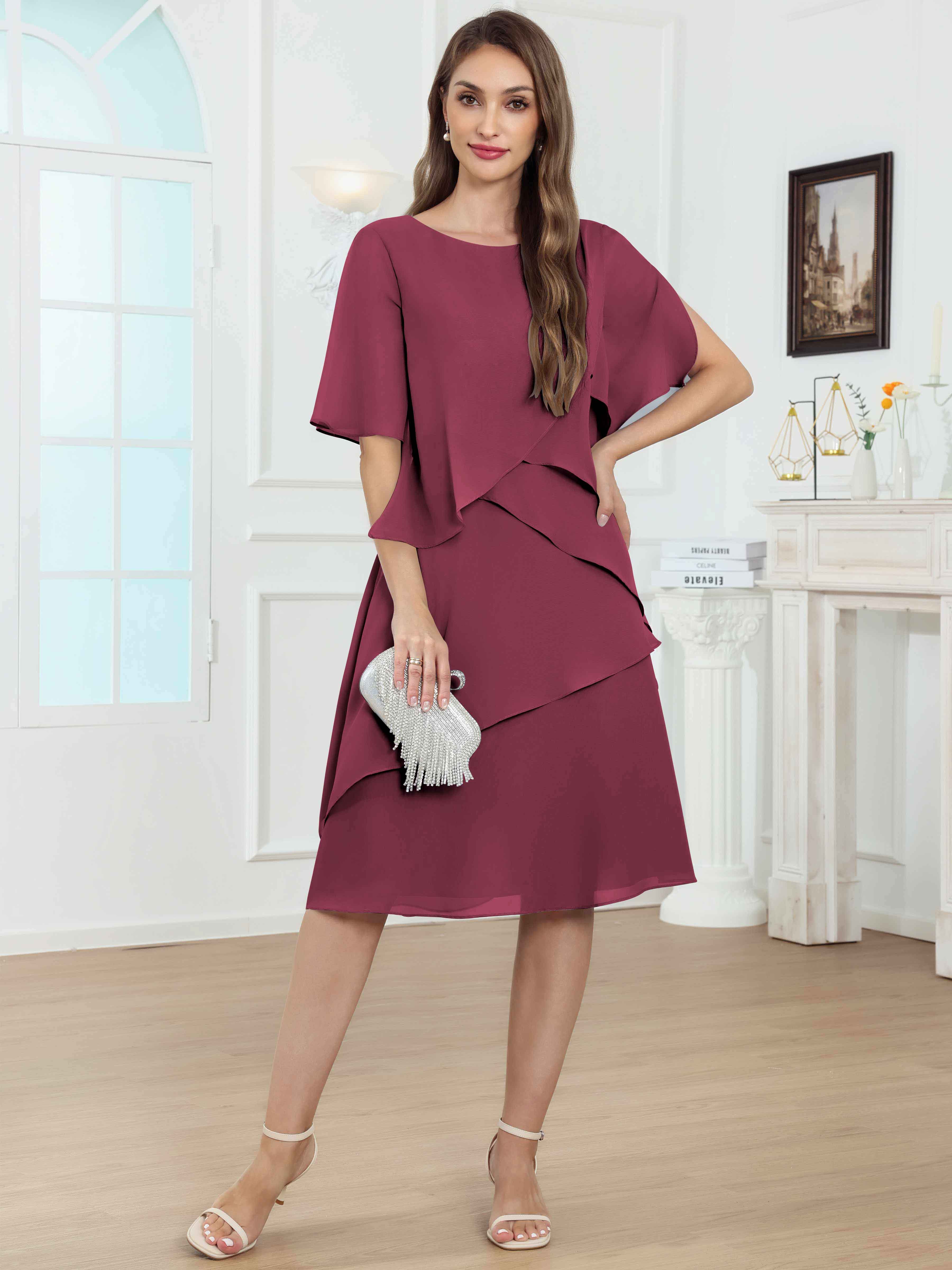 ROVDESY Knee Length Tiered Ruffle Chiffon Mother Of The Bride Dress With Half Sleeves