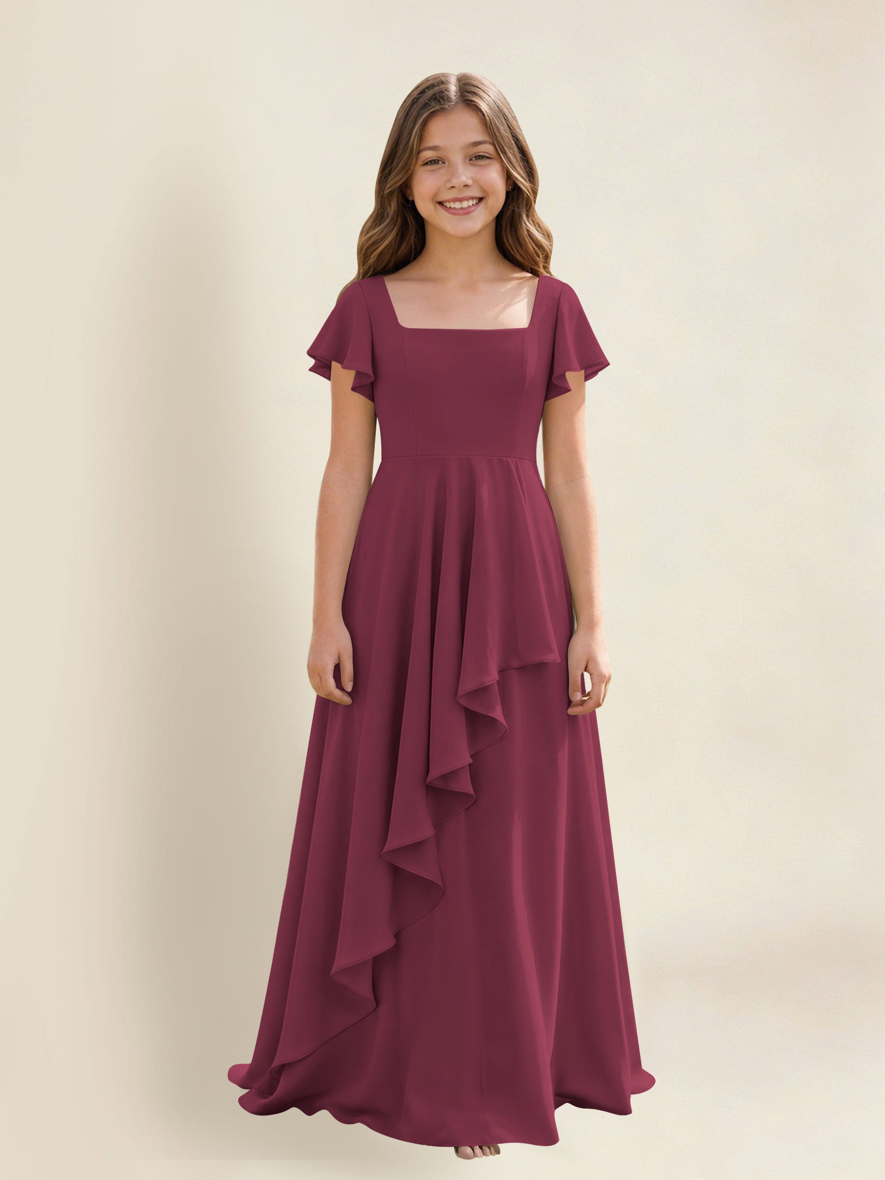 ROVDESY A-Line Square Neck Ruffle Chiffon Junior Bridesmaid Dress With Short Sleeves