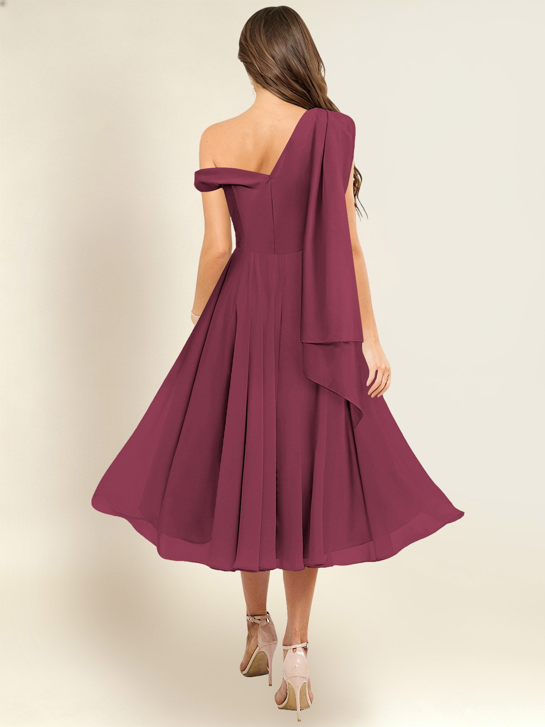 ROVDESY A-Line One Shoulder Pleated Chiffon Bridesmaid Dress With Flowing Sash