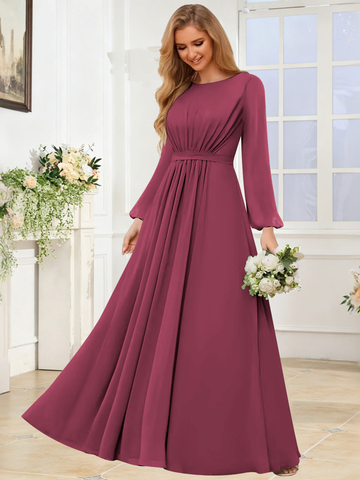 A-Line Chiffon Long Sleeve Bridesmaid Dress