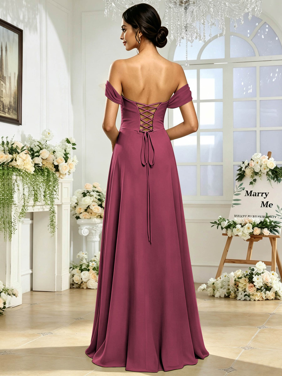 Off the Shoulder Chiffon A Line Long Bridesmaid Dress with Slit