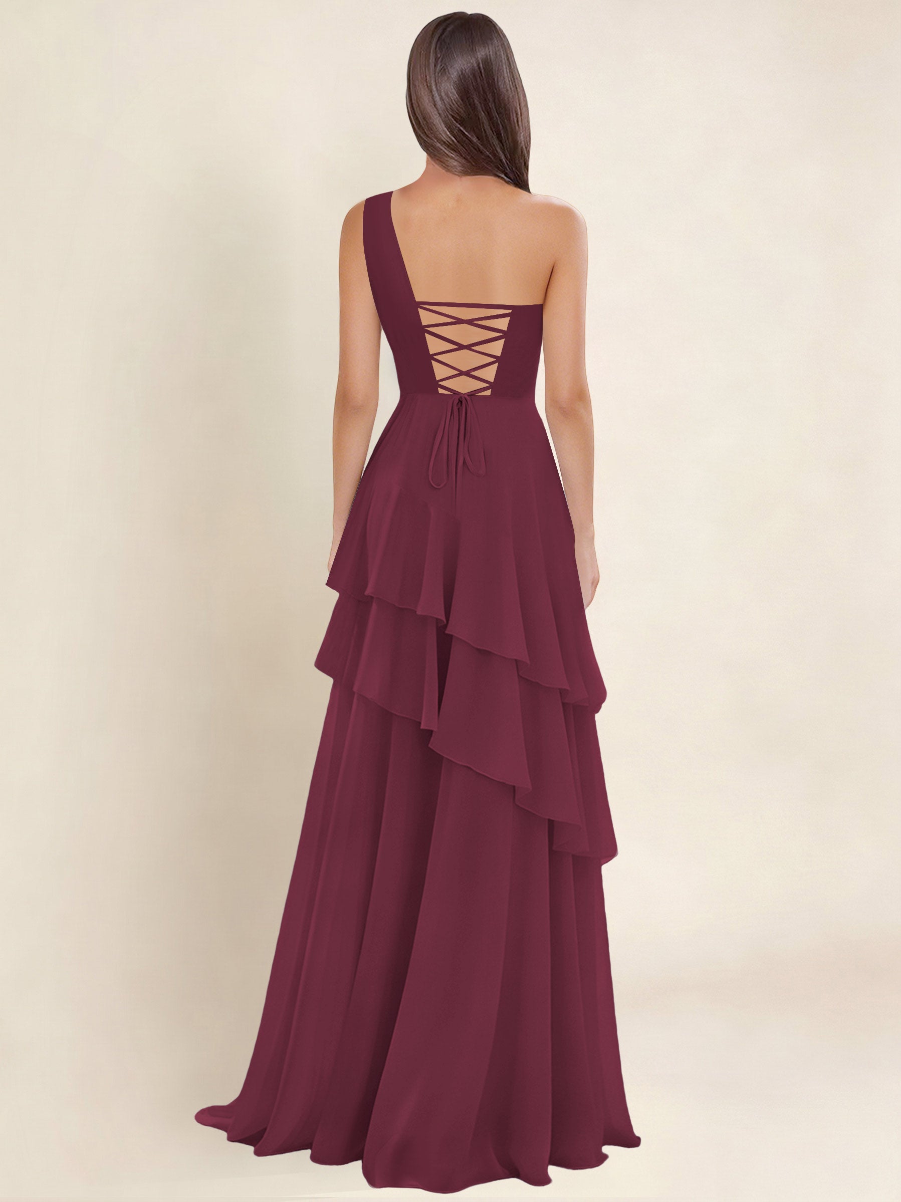 ROVDESY A-Line One Shoulder Pleated Tiered Chiffon Bridesmaid Dress