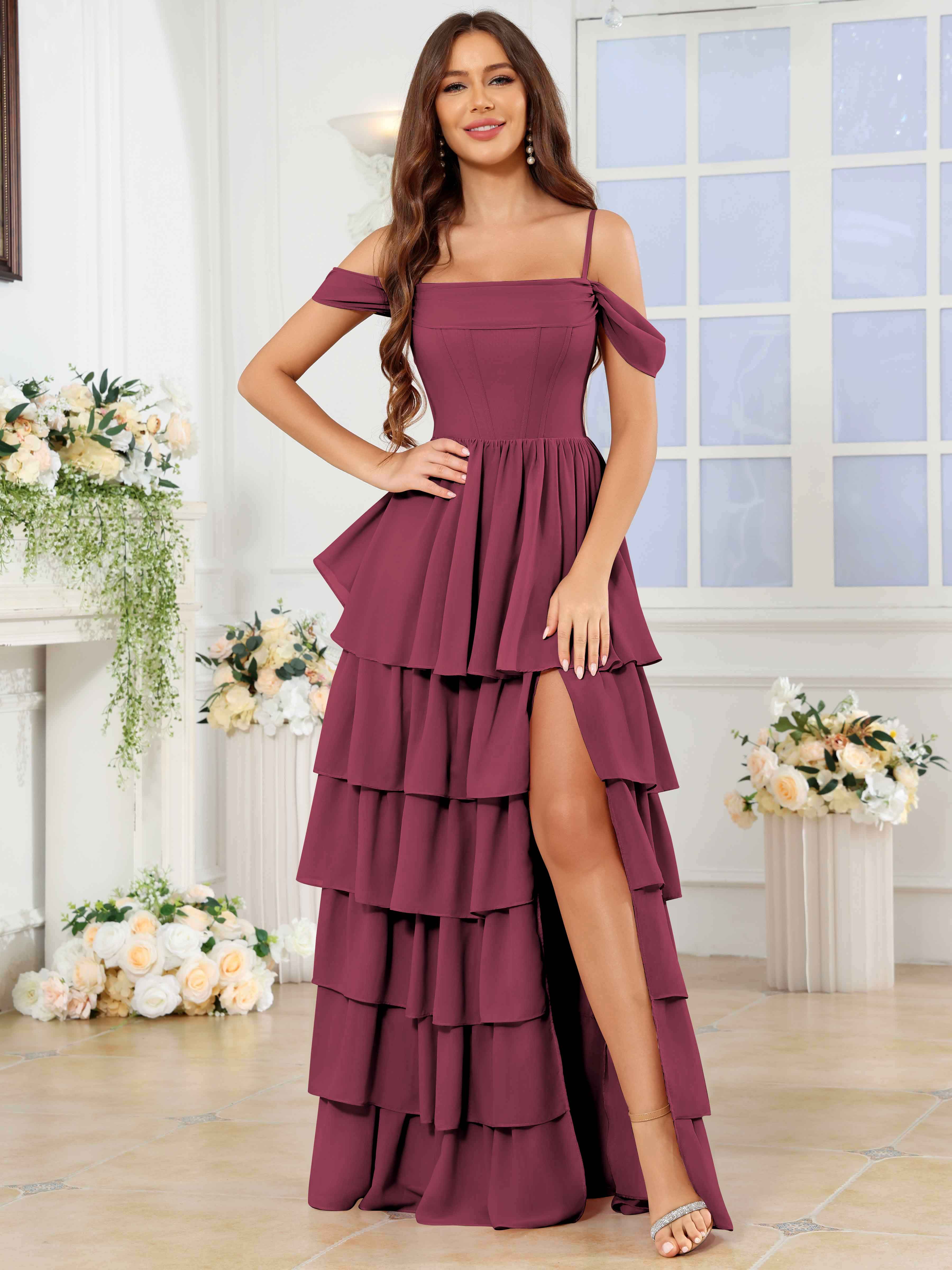 ROVDESY A-Line Off The Shoulder Tiered Chiffon Bridesmaid/Prom Dress With Slit