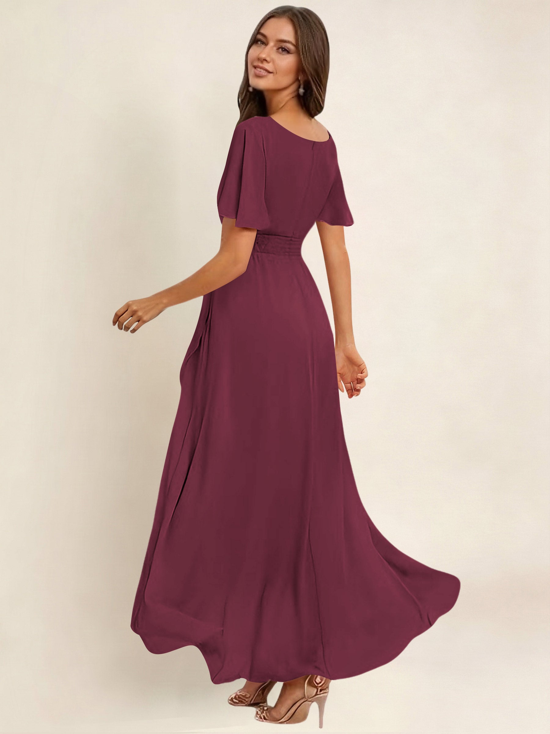 ROVDESY A-Line High Low Round Neck Pleated Ruffle Chiffon Bridesmaid Dress With Short Sleeves