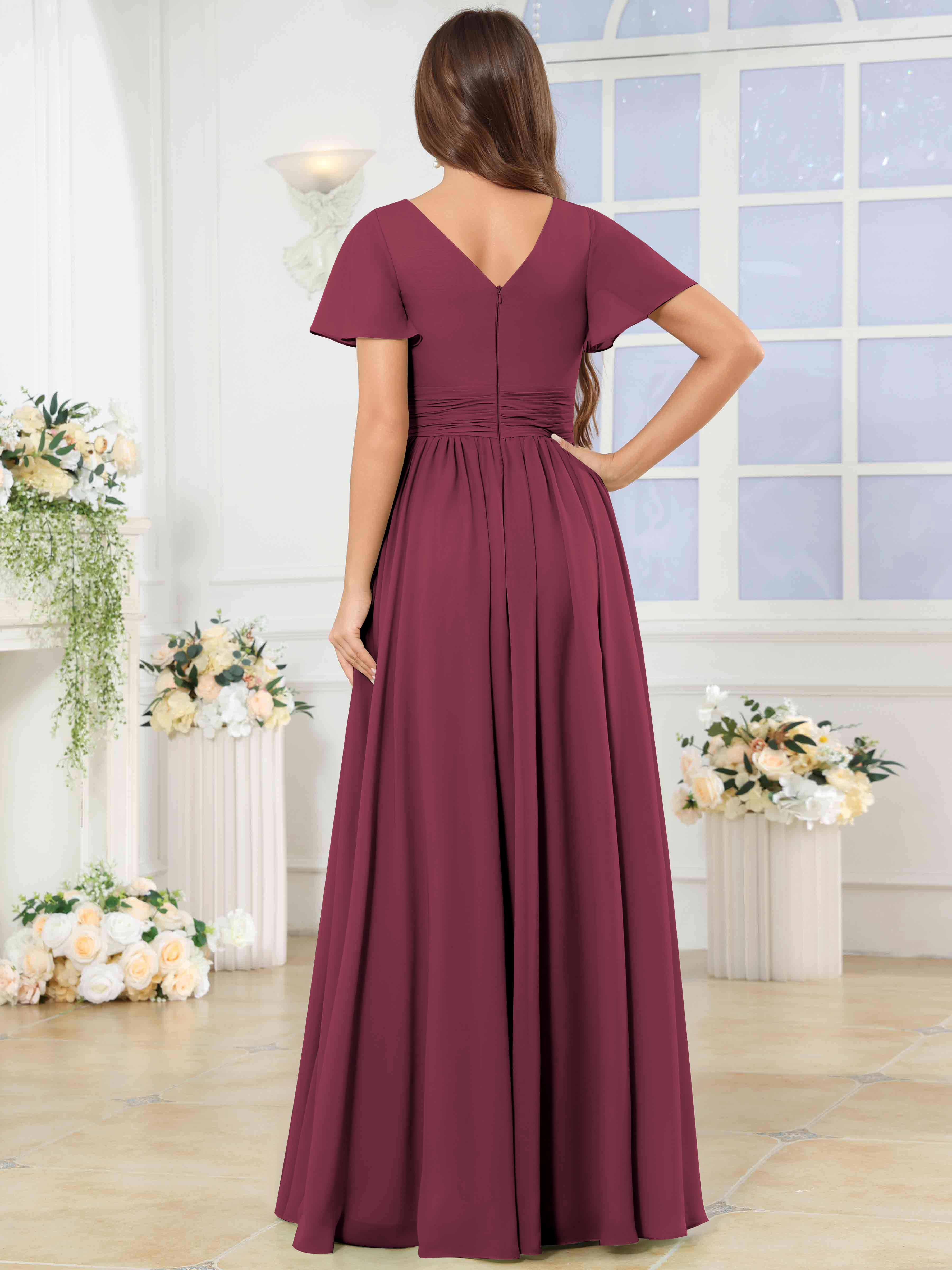 ROVDESY A-Line V-Neck Slit Pleated Ruffle Chiffon Bridesmaid Dress With Short Sleeves