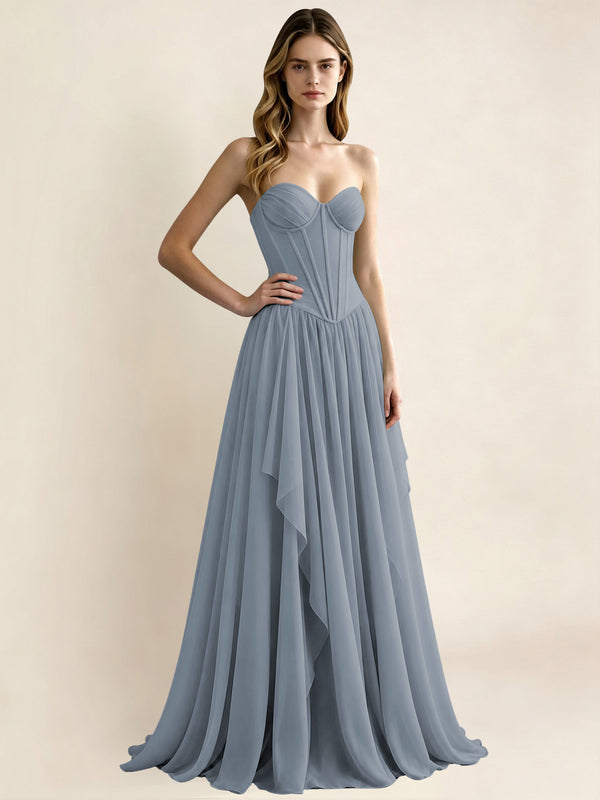Dusty Blue Sweetheart Chiffon Pleated A Line Bridesmaid Formal Dress