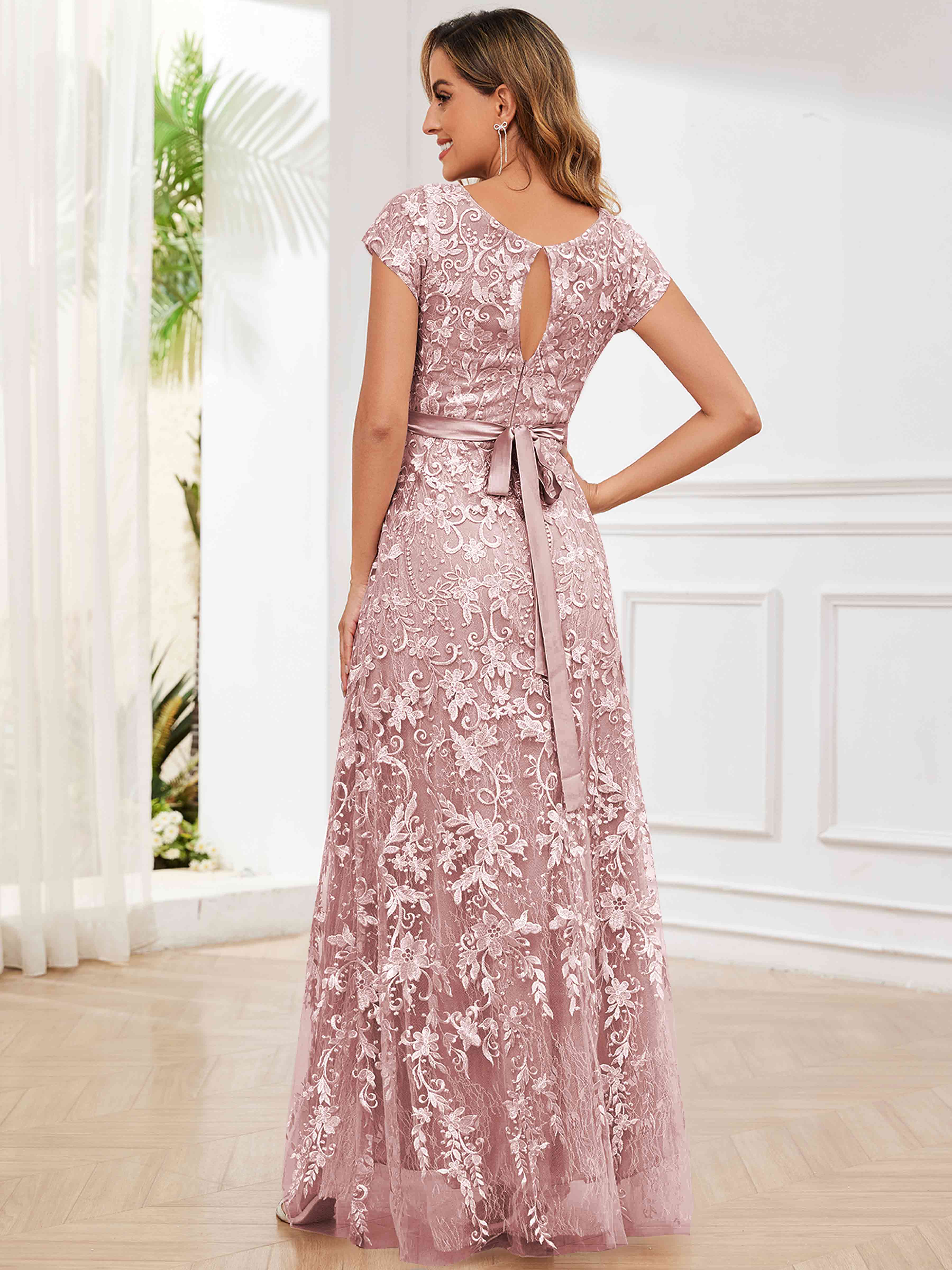 ROVDESY Elegant Lace Mother Of The Bride Dress With Short Sleeves Formal Gown