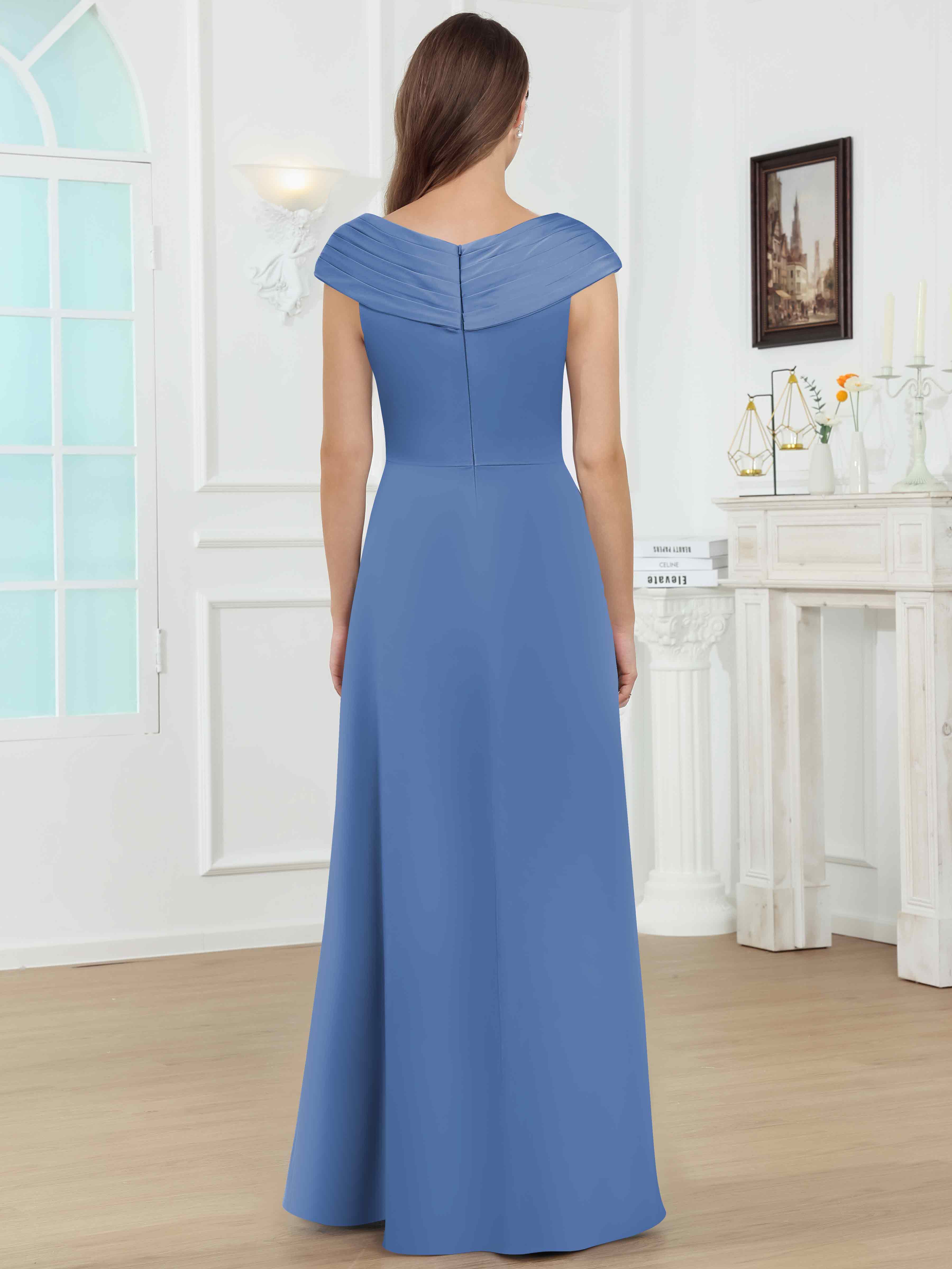 ROVDESY V-Neck Off The Shoulder Pleated Satin Mother Of The Bride Dress With Slit