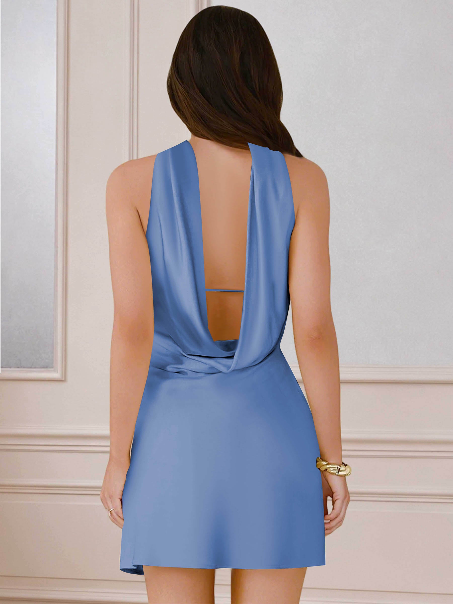 ROVDESY A-Line Halter Neck Satin Homecoming Mini Dress
