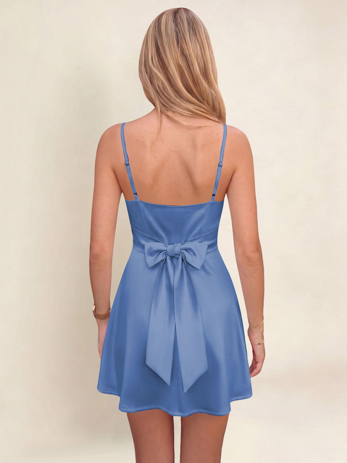 ROVDESY A-Line Spaghetti Strap Cowl Neck Satin Mini Homecoming Dress With Bow