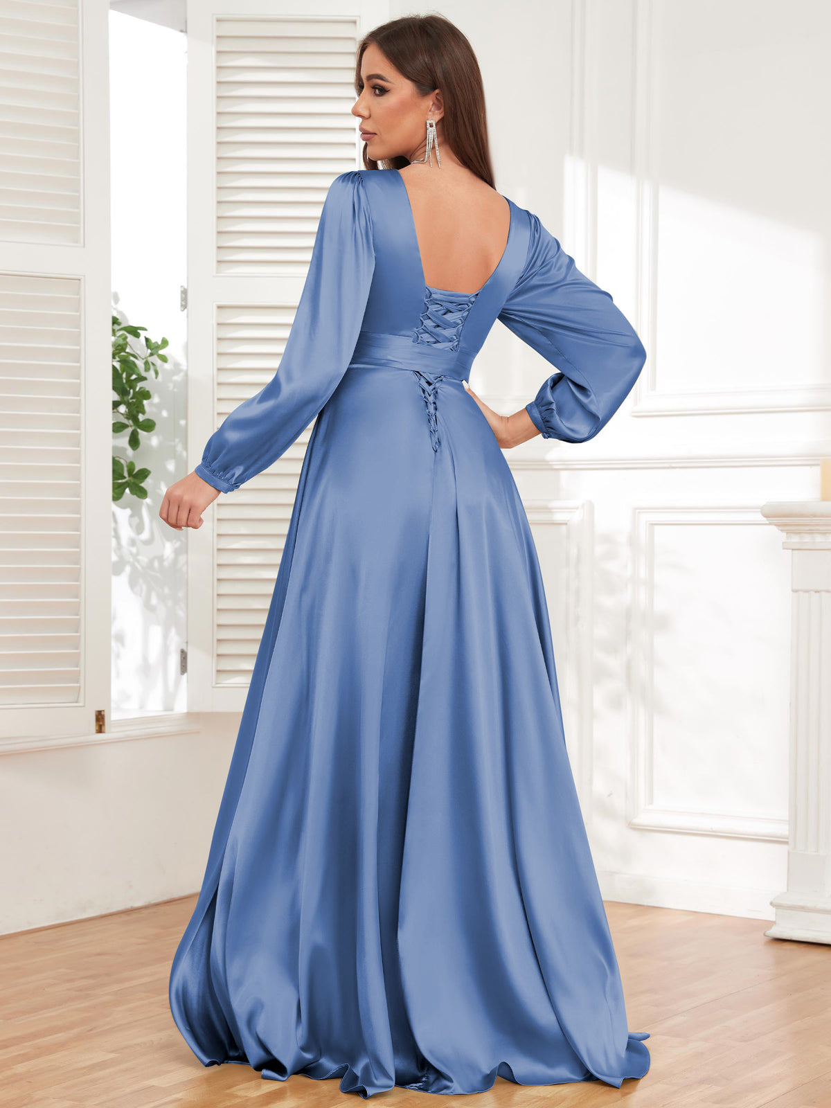 V Neck Satin Long Sleeve Bridesmaid Dress with Slit