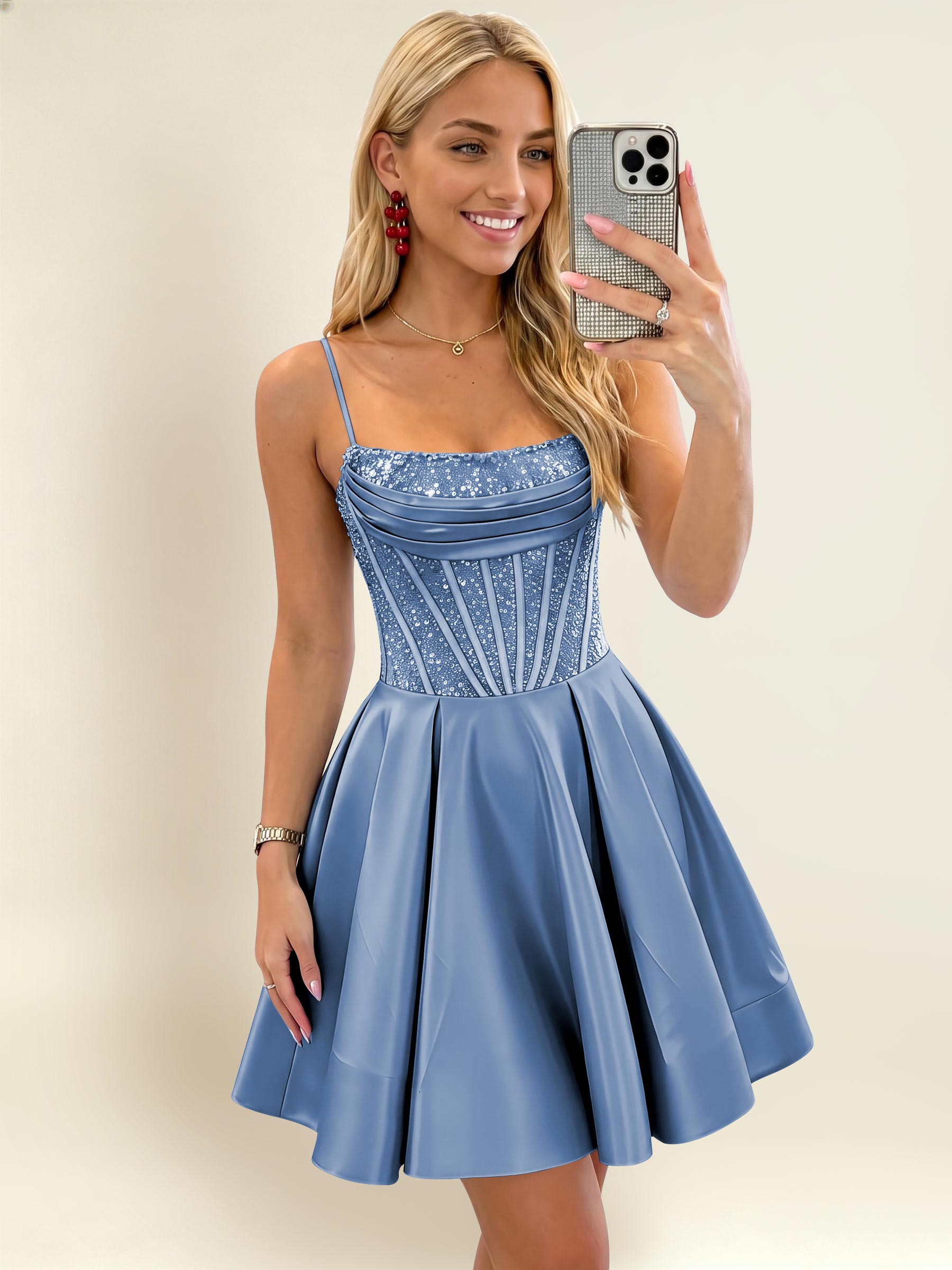 ROVDESY A-Line Spaghetti Strap Sequin Corset Satin Homecoming Mini Dress