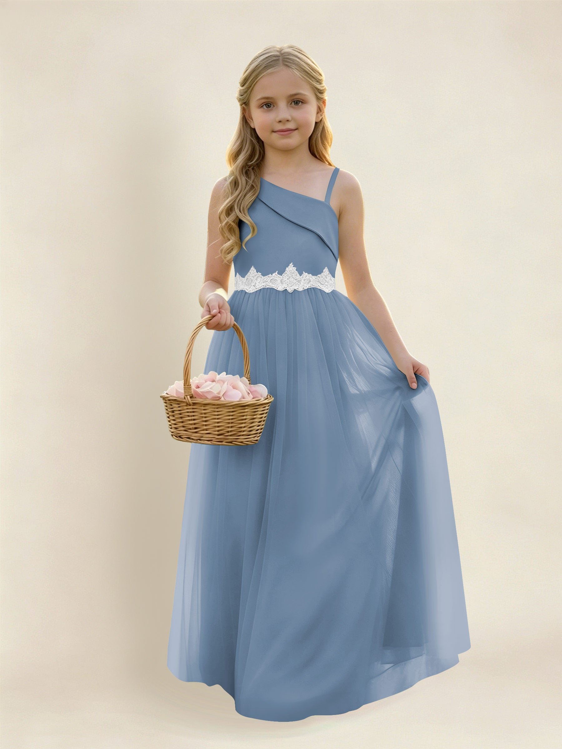 ROVDESY Asymmetric One Shoulder  Satin  Tulle Junior Bridesmaid Dress