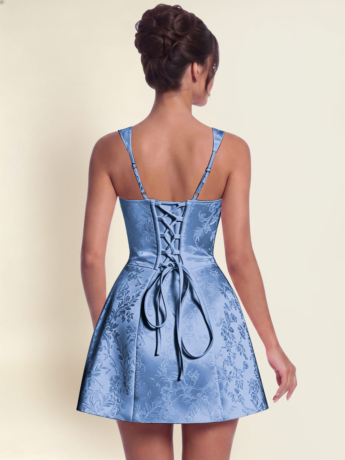 ROVDESY A-Line Square Neck Jacquard Satin Homecoming Mini Dress