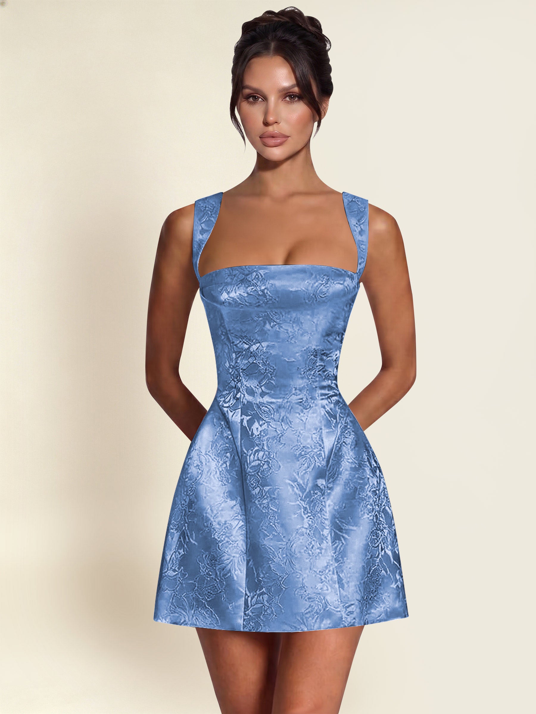 ROVDESY A-Line Square Neck Jacquard Satin Homecoming Mini Dress