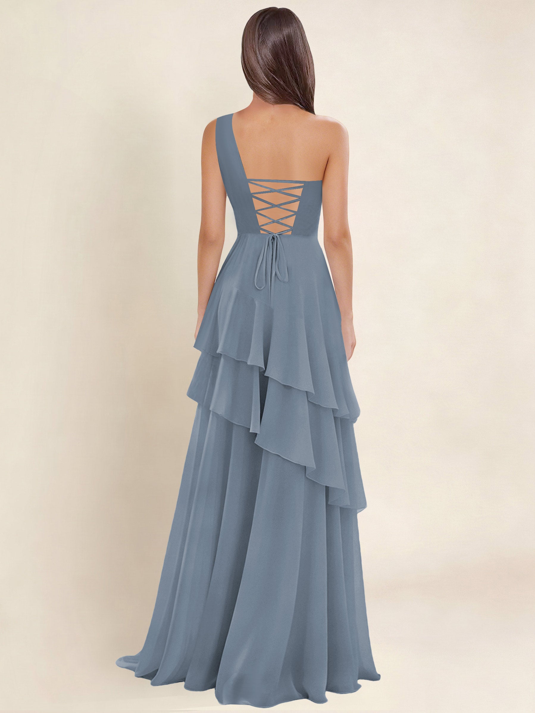 ROVDESY A-Line One Shoulder Pleated Tiered Chiffon Bridesmaid Dress
