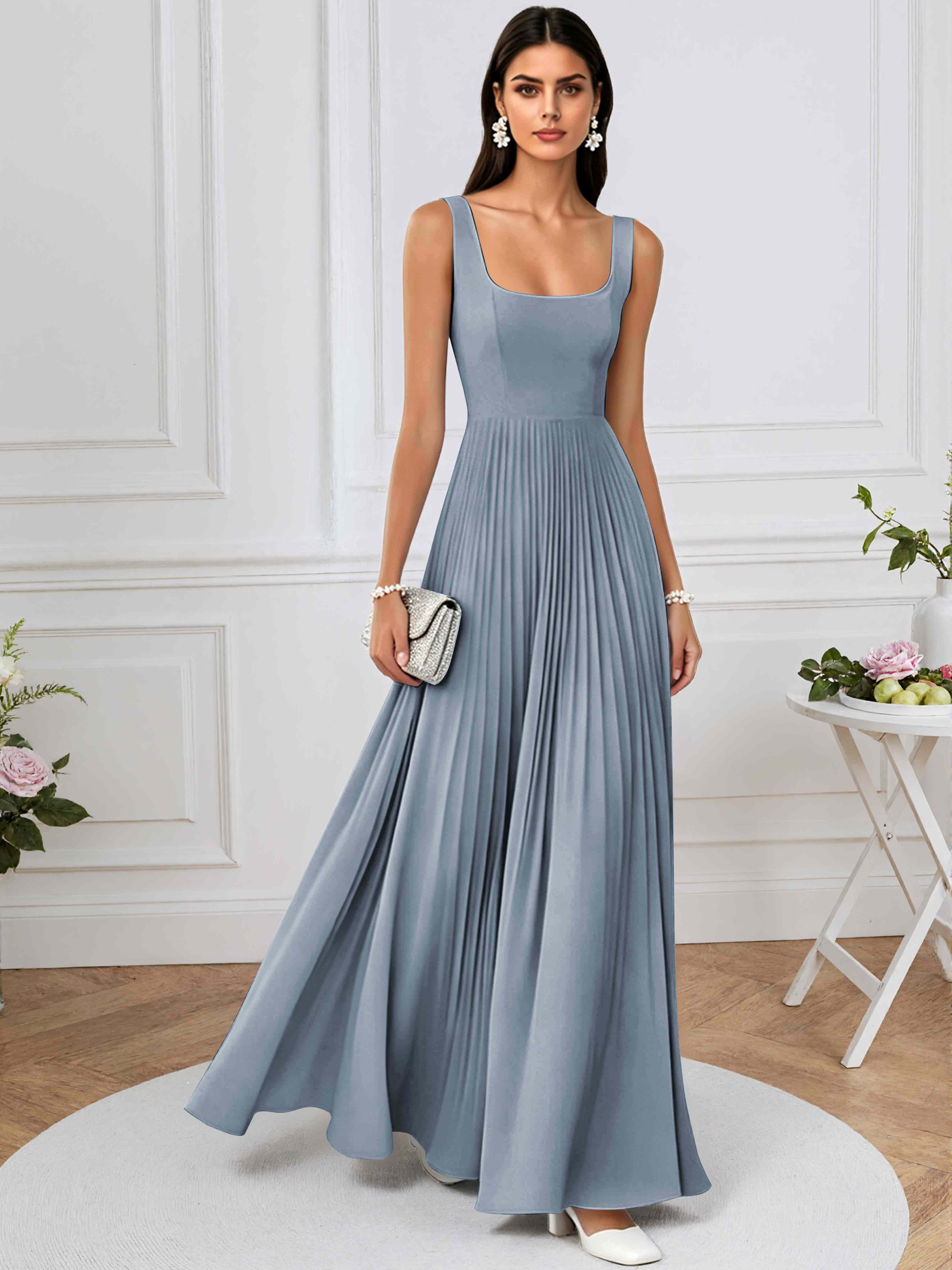 ROVDESY A-Line Square Neck Pleated Chiffon Long Bridesmaid/Prom Dress