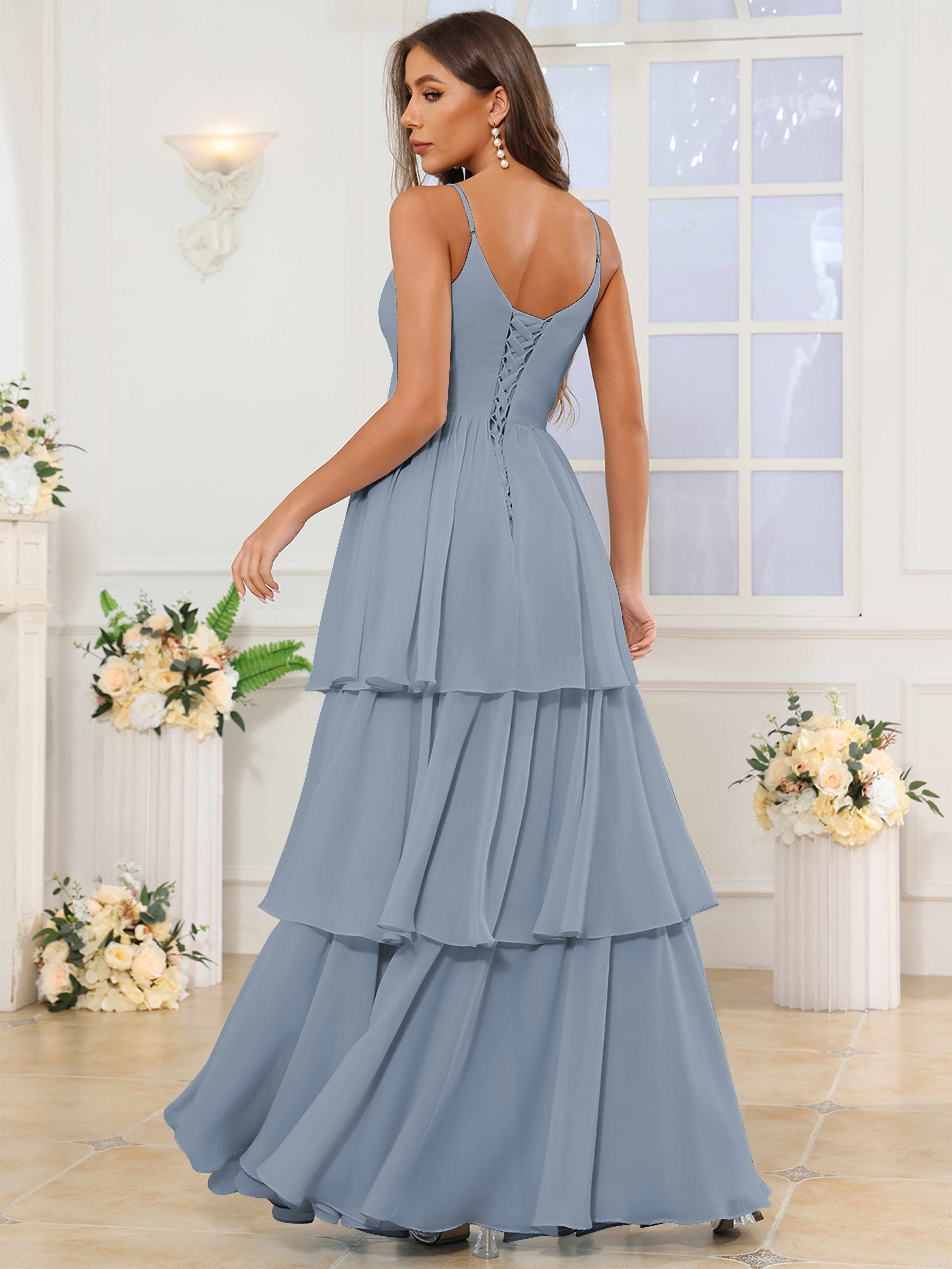 ROVDESY V-Neck Spaghetti Straps Tiered Chiffon Bridesmaid Dress With Ruffles