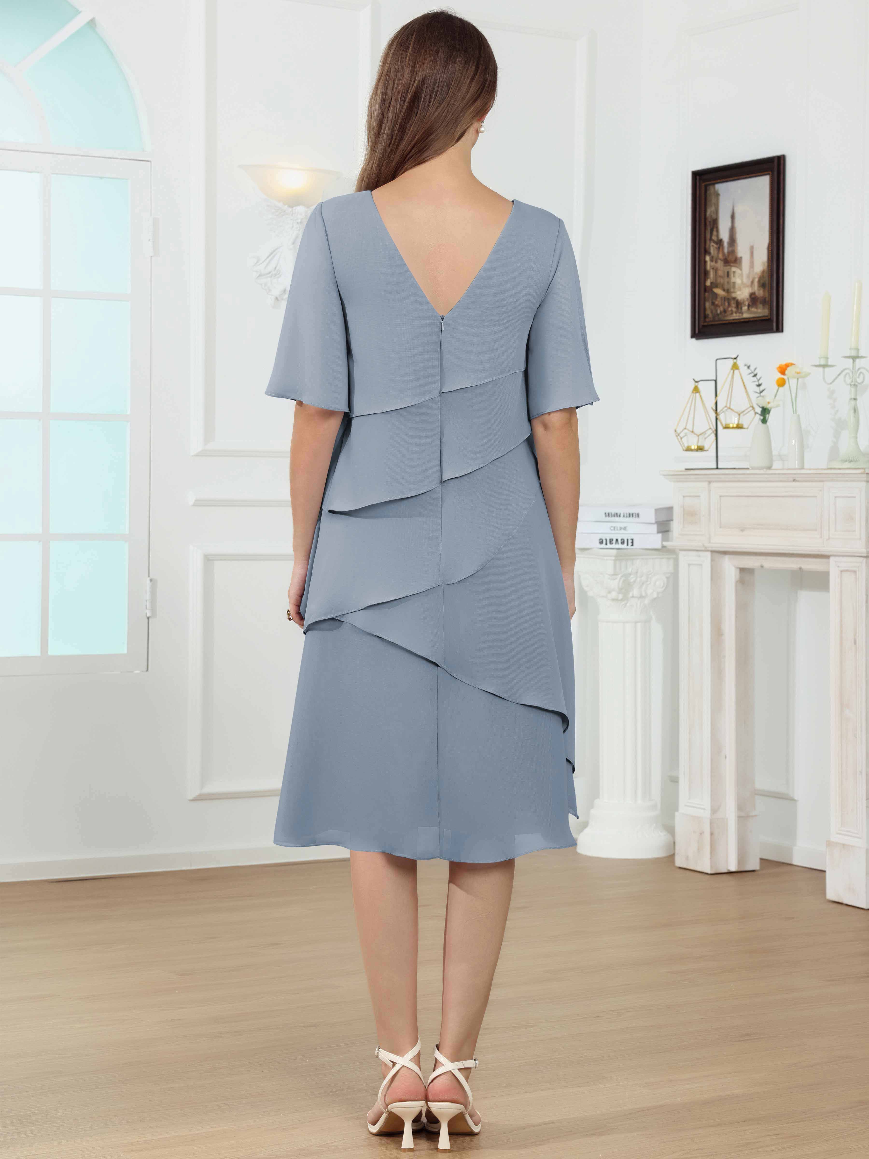 ROVDESY Knee Length Tiered Ruffle Chiffon Mother Of The Bride Dress With Half Sleeves