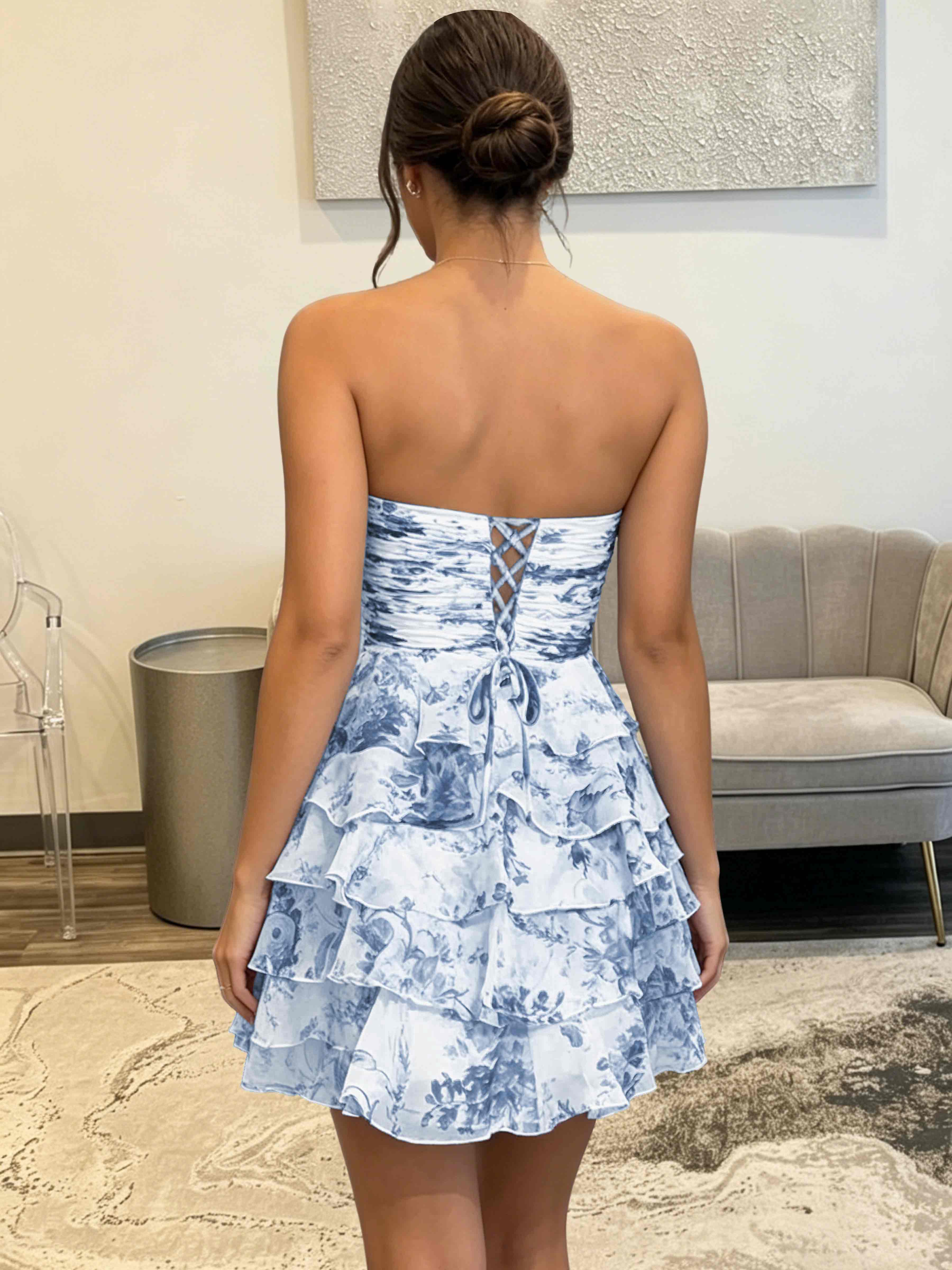 ROVDESY Strapless Tiered Ruffle Floral Print Chiffon Homecoming Mini Dress