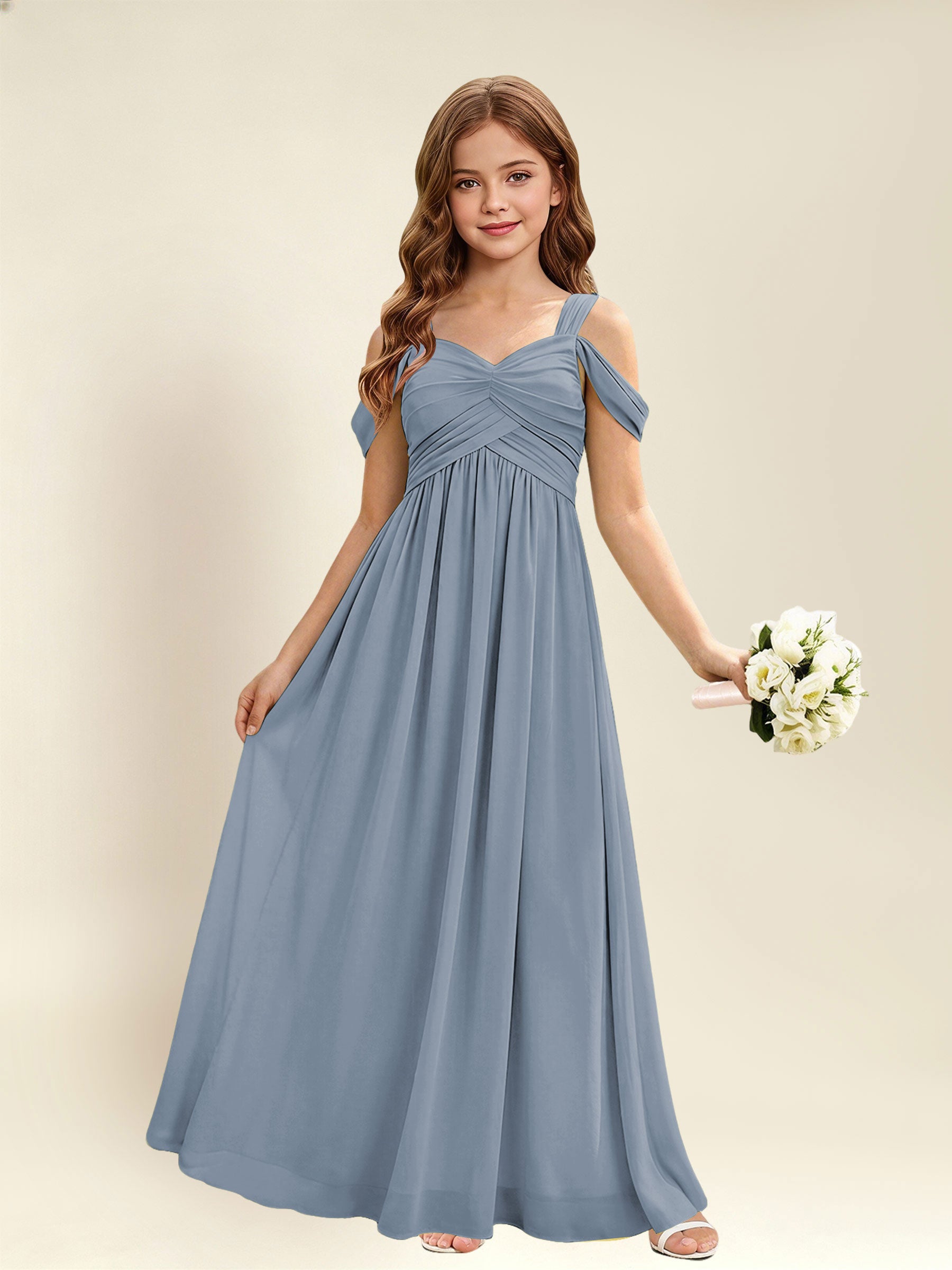 ROVDESY A-Line Off The Shoulder Pleated Chiffon Junior Bridesmaid Dress