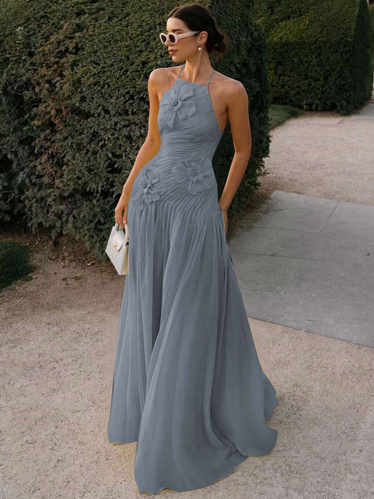 Halter Long Pleated Chiffon Prom Dress with 3D Flower