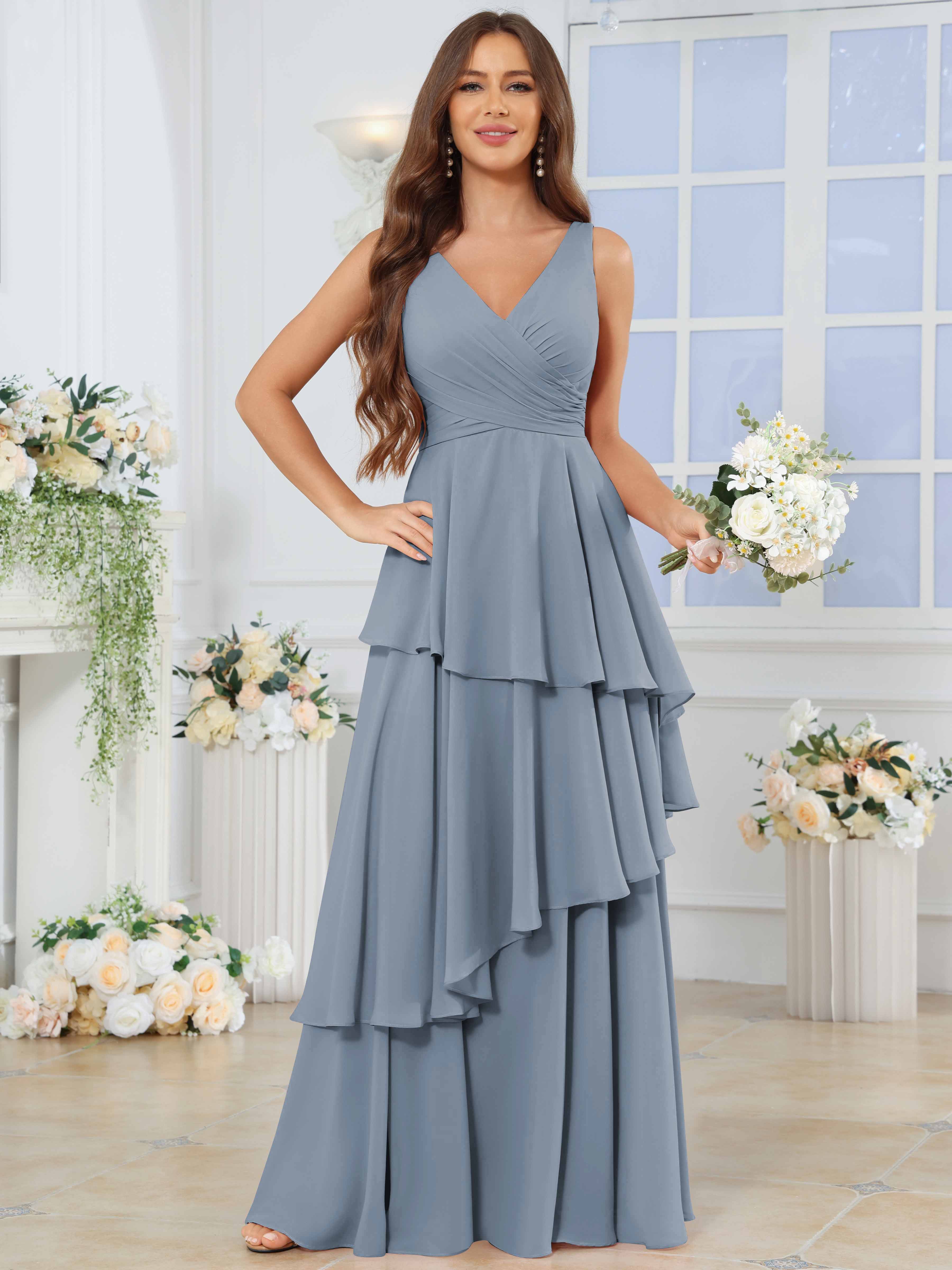 ROVDESY Long Sleeveless V-Neck Tiered Pleated Chiffon Bridesmaid Dress